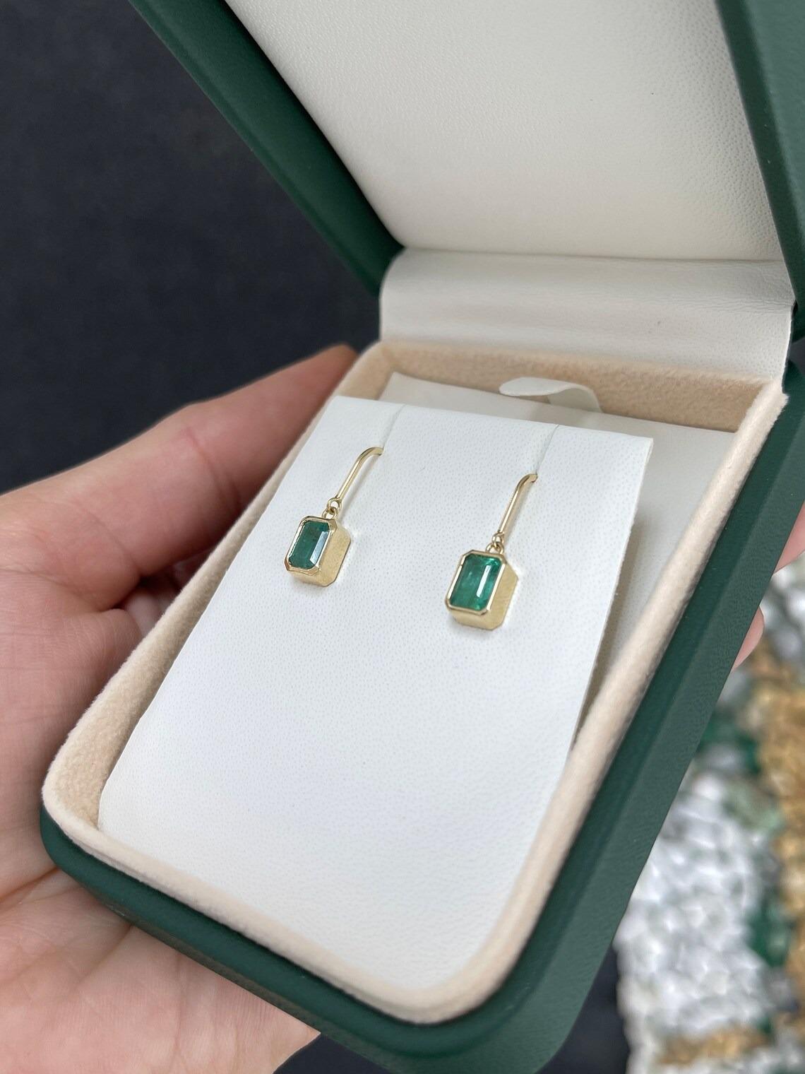 2.20tcw 14K Classic Emerald Cut Emerald Bezel Set Gold Dangle Earrings For Sale 1