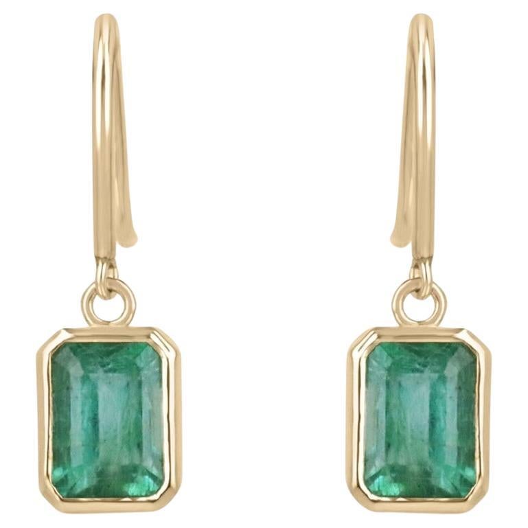 2.20tcw 14K Classic Emerald Cut Emerald Bezel Set Gold Dangle Earrings For Sale