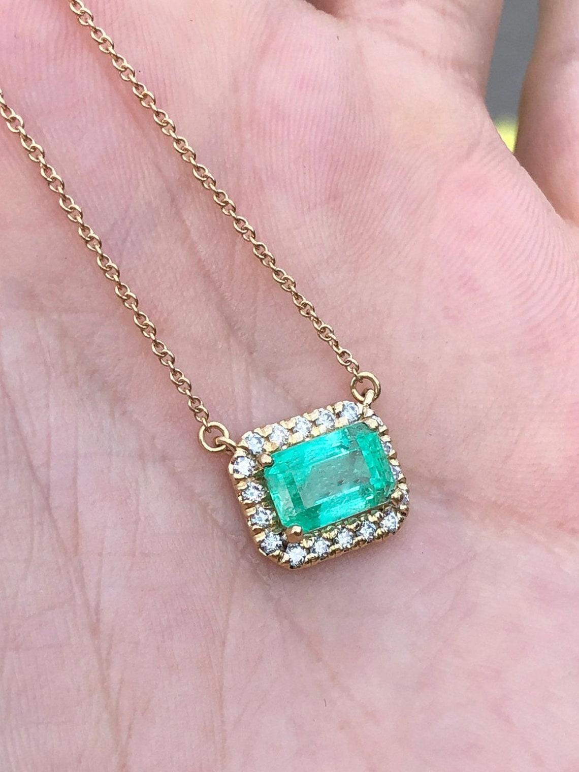 Modern 2.20tcw 14K East to West Emerald & Diamond Halo Necklace May Birthstone Jewelry For Sale