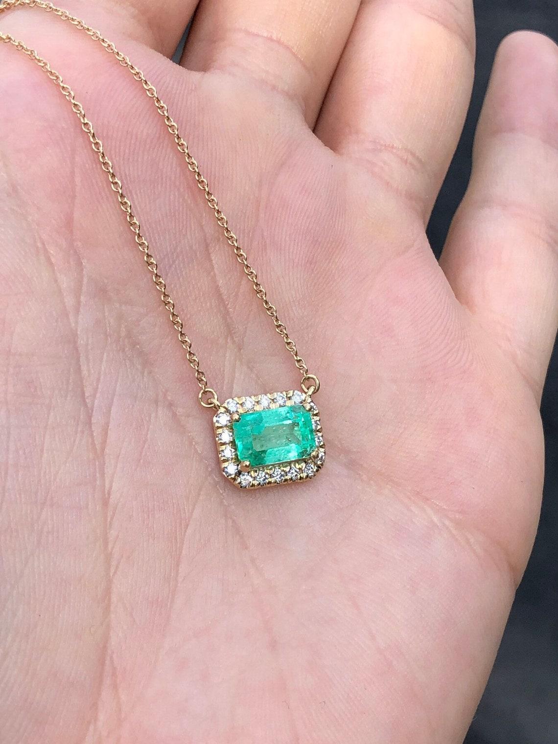 Emerald Cut 2.20tcw 14K East to West Emerald & Diamond Halo Necklace May Birthstone Jewelry For Sale