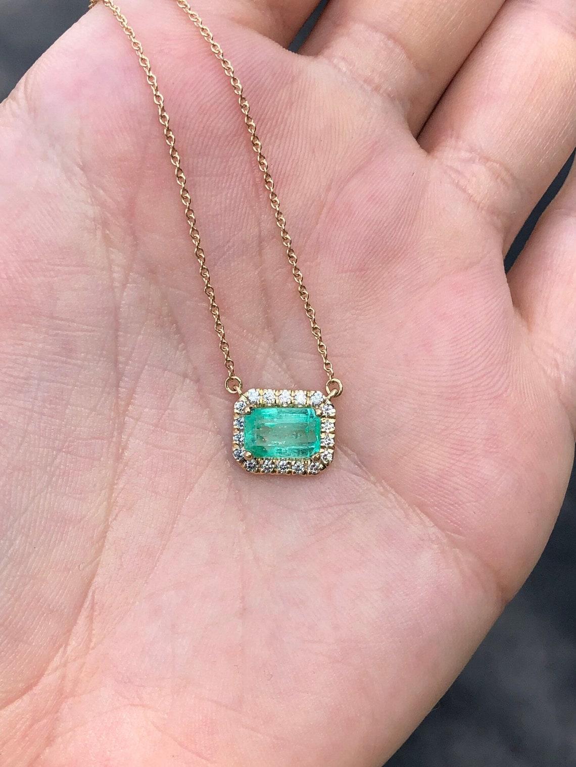 Women's 2.20tcw 14K East to West Emerald & Diamond Halo Necklace May Birthstone Jewelry For Sale
