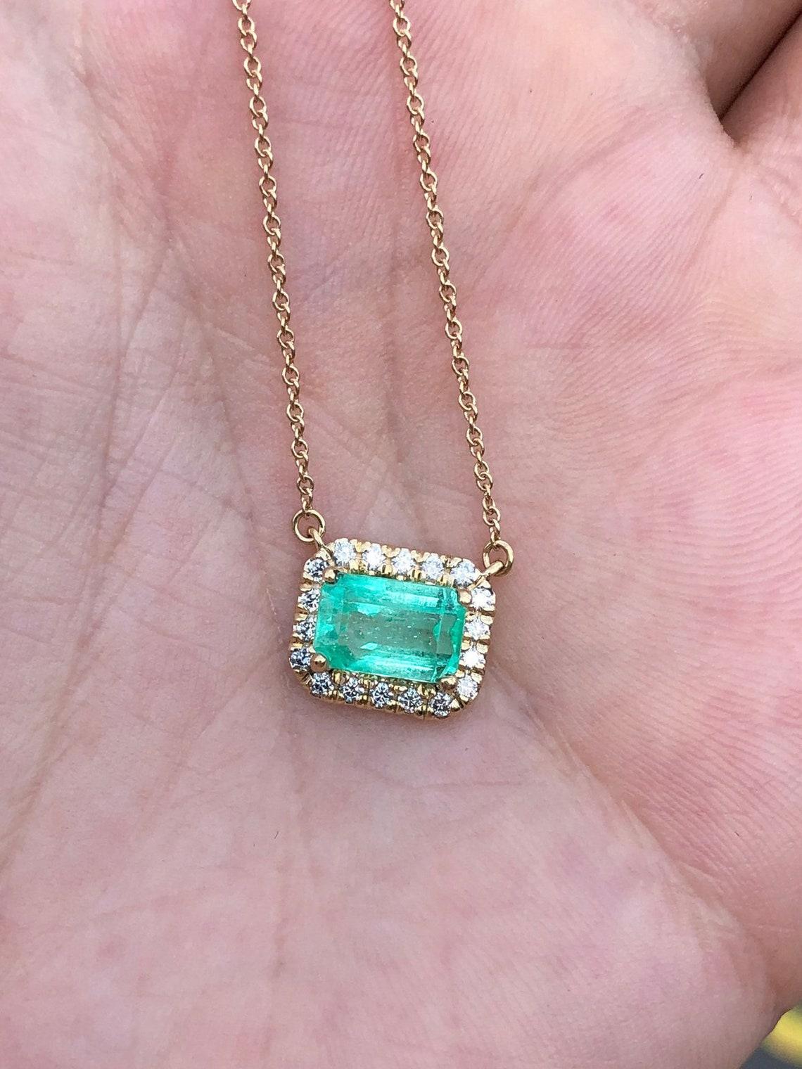 2.20tcw 14K East to West Emerald & Diamond Halo Necklace May Birthstone Jewelry For Sale 1