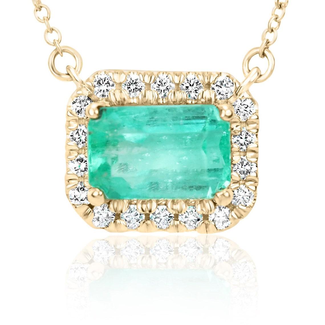 2.20tcw 14K East to West Emerald & Diamond Halo Necklace May Birthstone Jewelry