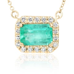 2.20tcw 14K East to West Emerald & Diamond Halo Necklace May Birthstone Jewelry