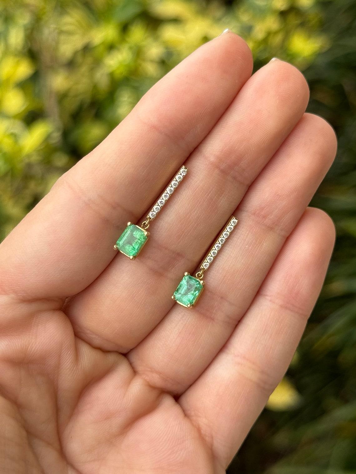 Emerald Cut 2.20tcw 14K Natural Emerald Diamond Bar Dangle Earrings Prong Set Pave Gold 585 For Sale