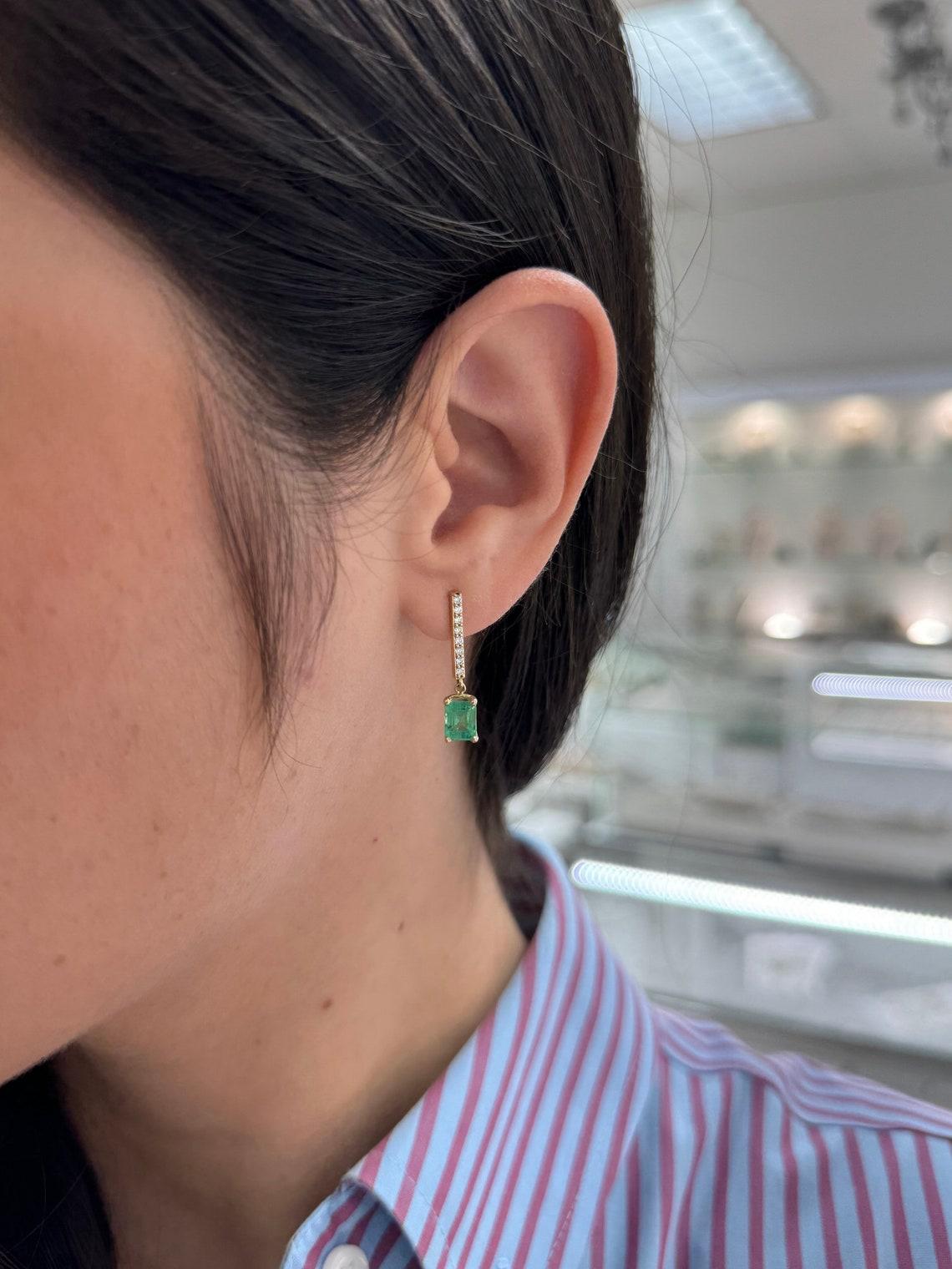 Women's 2.20tcw 14K Natural Emerald Diamond Bar Dangle Earrings Prong Set Pave Gold 585 For Sale
