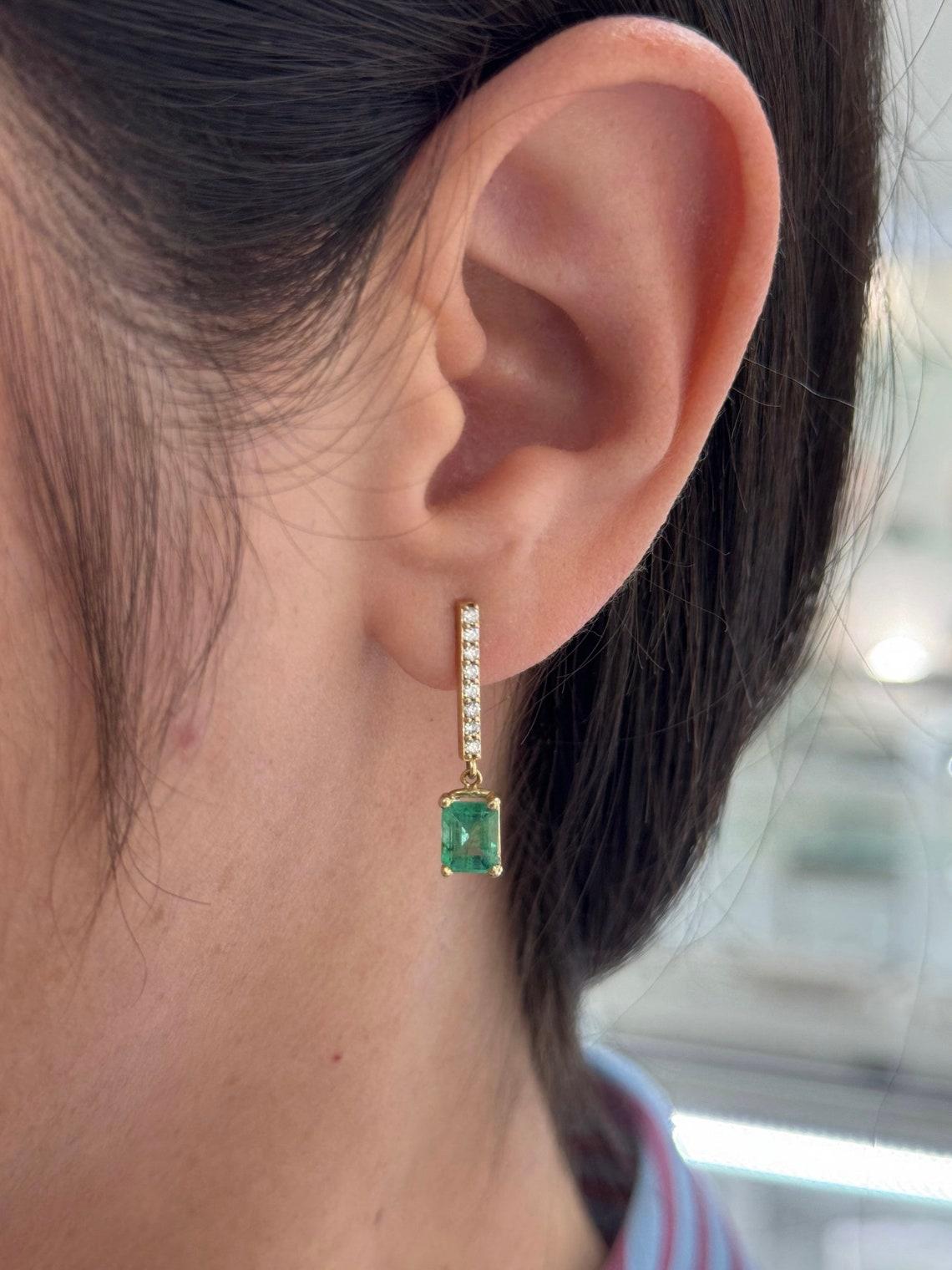 2.20tcw 14K Natural Emerald Diamond Bar Dangle Earrings Prong Set Pave Gold 585 For Sale 1