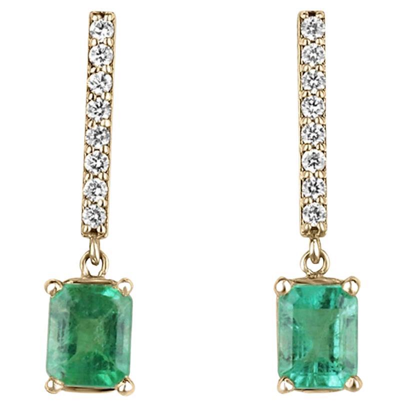 2.20tcw 14K Natural Emerald Diamond Bar Dangle Earrings Prong Set Pave Gold 585 For Sale