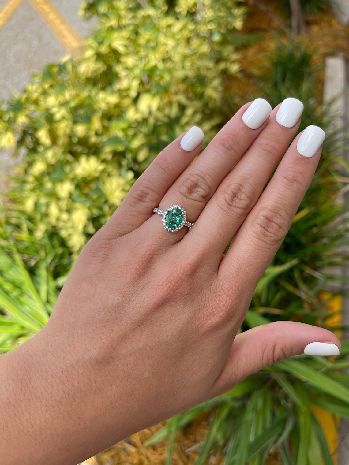 Modern 2.20tcw 14K Natural Emerald Oval Cut & Diamond Halo White Gold Engagement Ring  For Sale