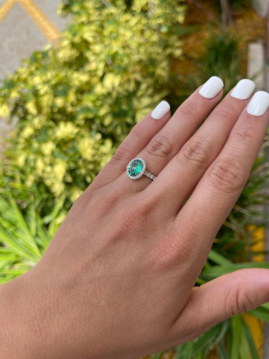 2.20tcw 14K Natural Emerald Oval Cut & Diamond Halo White Gold Engagement Ring  In New Condition For Sale In Jupiter, FL