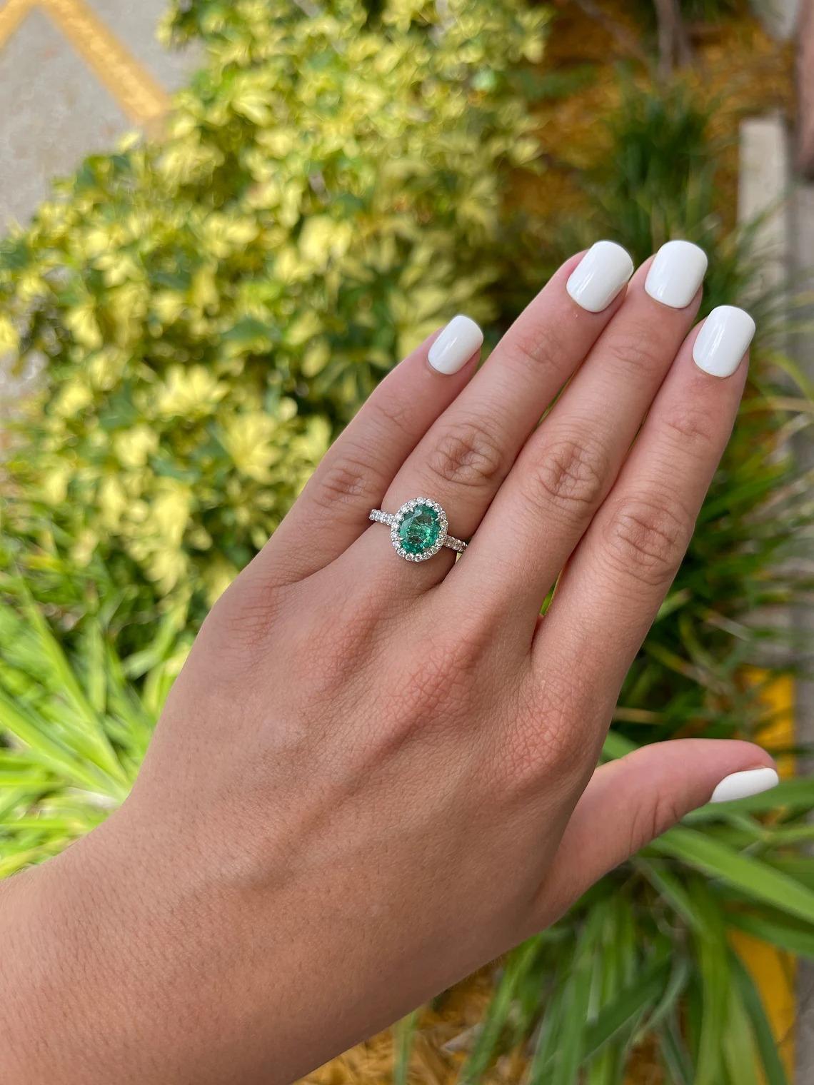 2.20tcw 14K Natural Emerald Oval Cut & Diamond Halo White Gold Engagement Ring  For Sale 1