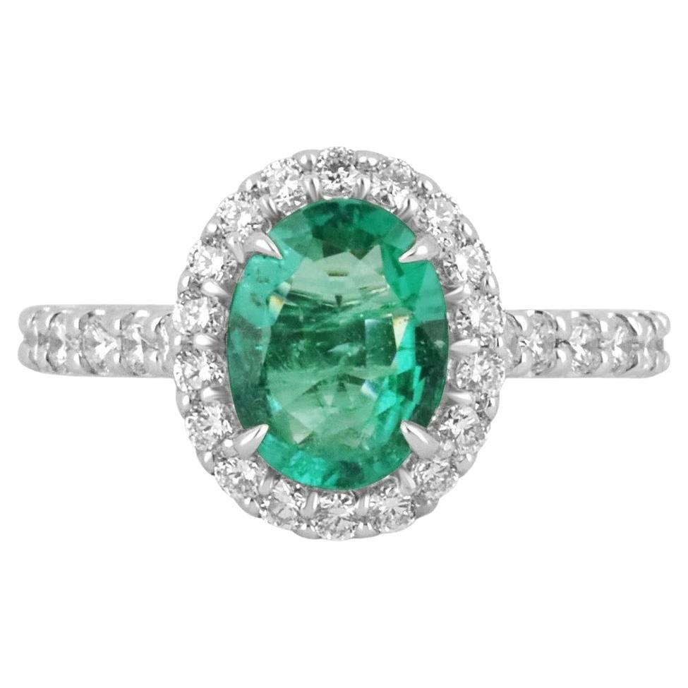 2.20tcw 14K Natural Emerald Oval Cut & Diamond Halo White Gold Engagement Ring 