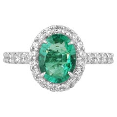 Used 2.20tcw 14K Natural Emerald Oval Cut & Diamond Halo White Gold Engagement Ring 
