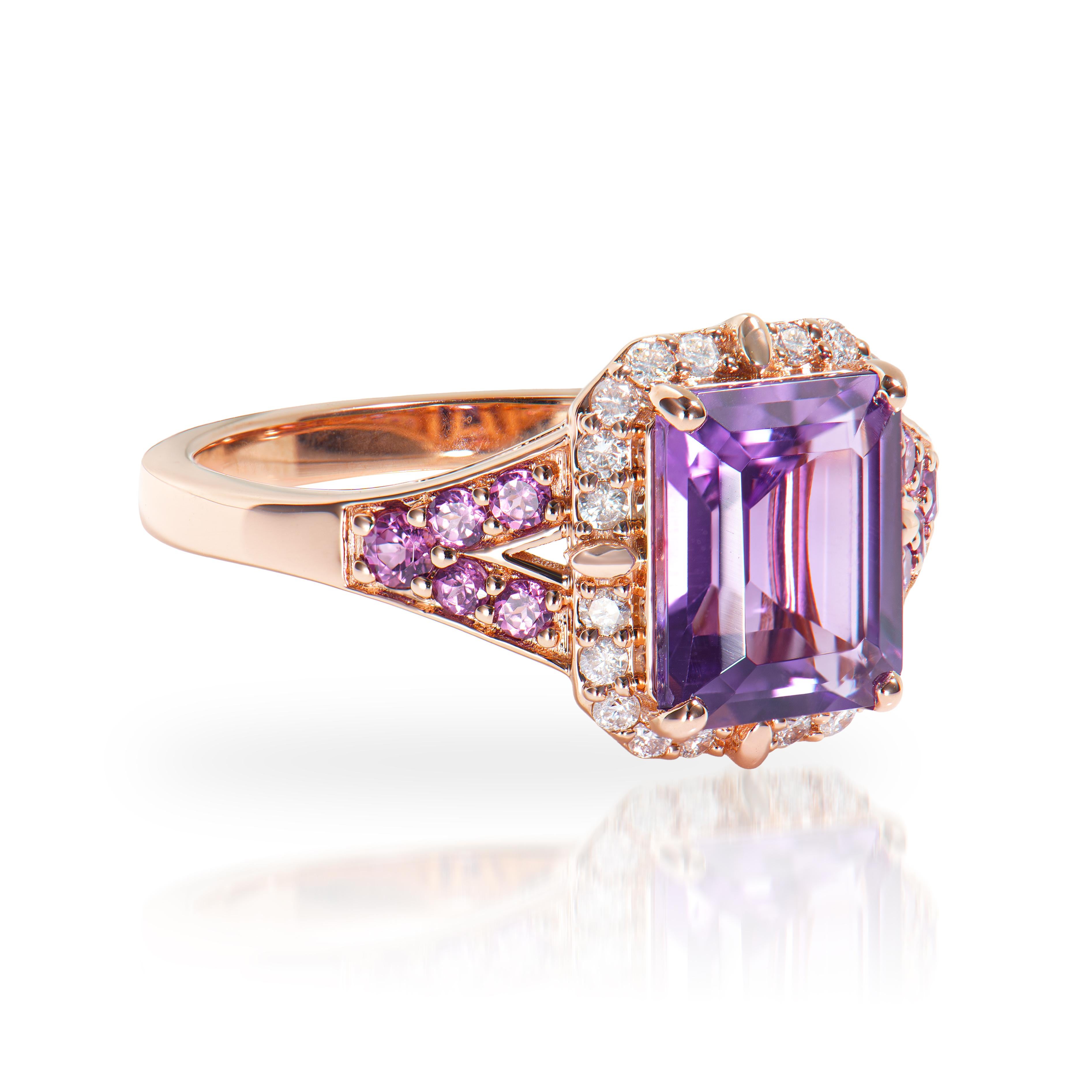 Presented A stunning variety of amethyst gemstones for those who respect quality and wish to wear them on any occasion or everyday basis. The rose gold amethyst fancy ring, embellished with diamonds, has a timeless and exquisite appeal.

Amethyst