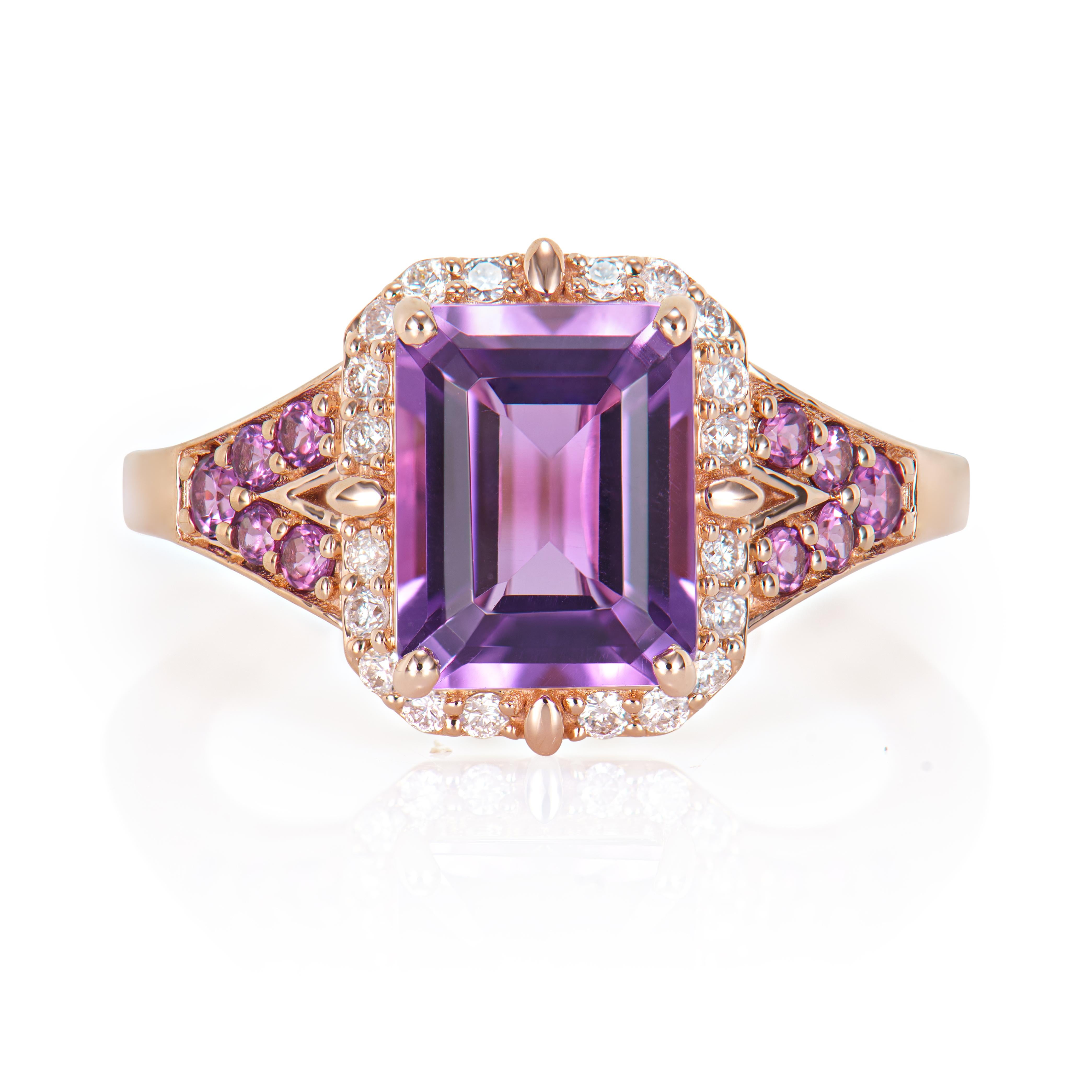 Contemporary 2.21 Carat Amethyst Fancy Ring in 14KRG with Rhodolite and White Diamond.   For Sale