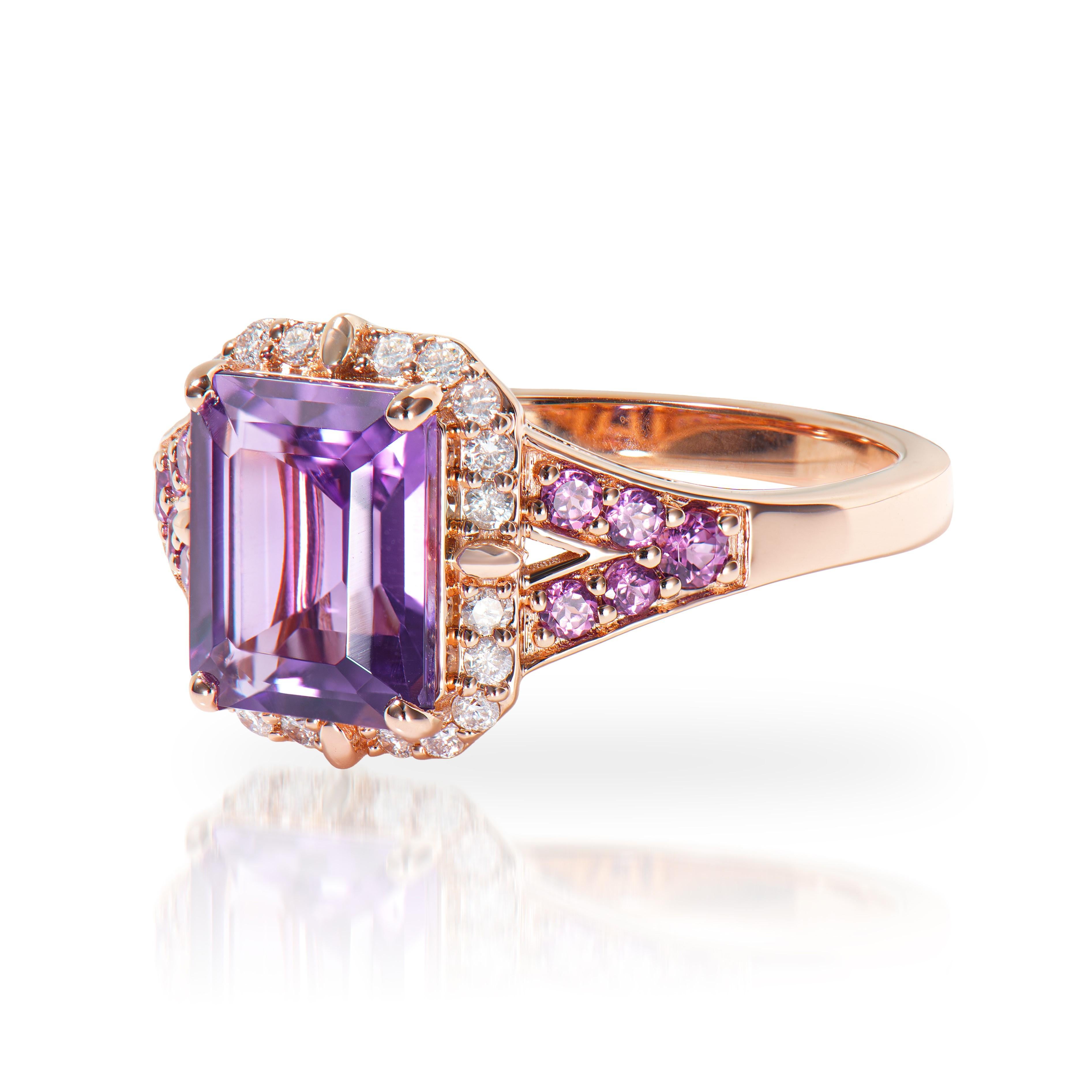 Cushion Cut 2.21 Carat Amethyst Fancy Ring in 14KRG with Rhodolite and White Diamond.   For Sale