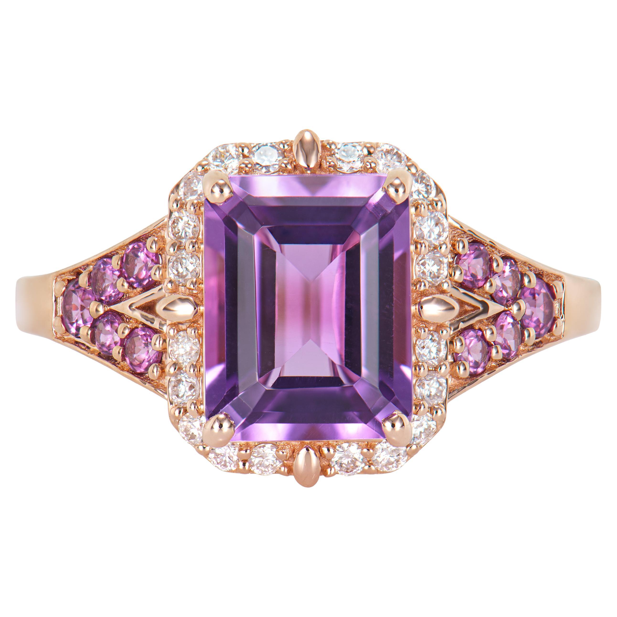 2.21 Carat Amethyst Fancy Ring in 14KRG with Rhodolite and White Diamond.  
