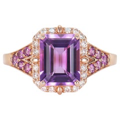 2.21 Carat Amethyst Fancy Ring in 14KRG with Rhodolite and White Diamond.  