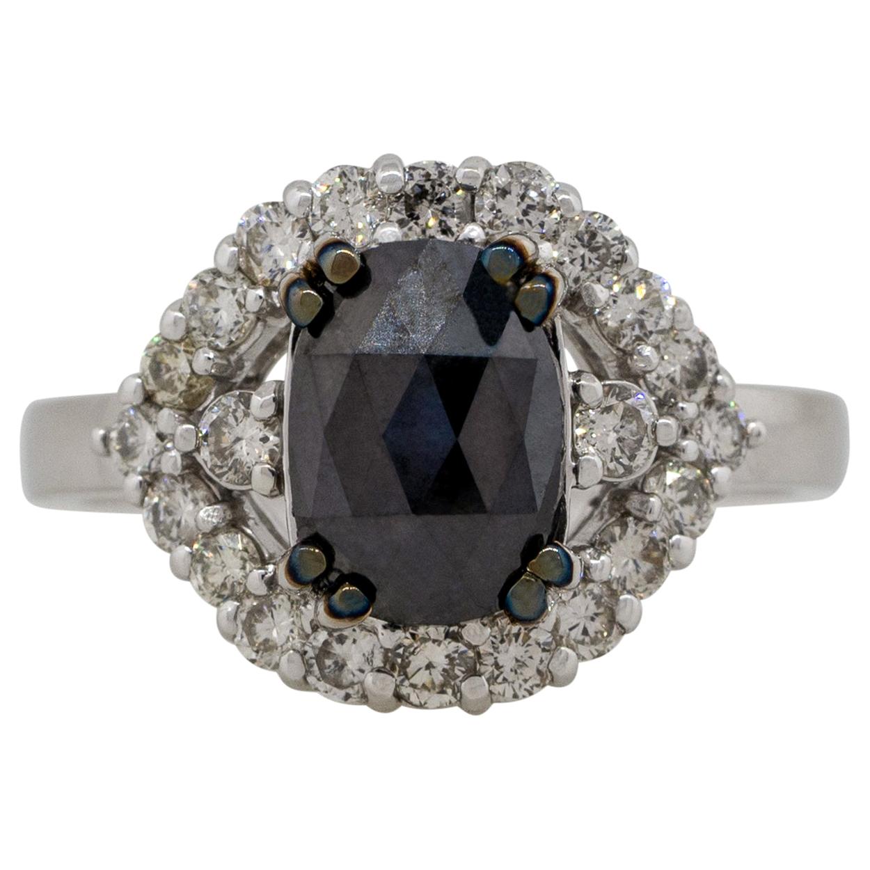 2.21 Carat Black and White Diamond Oval Halo Ring 18 Karat in Stock