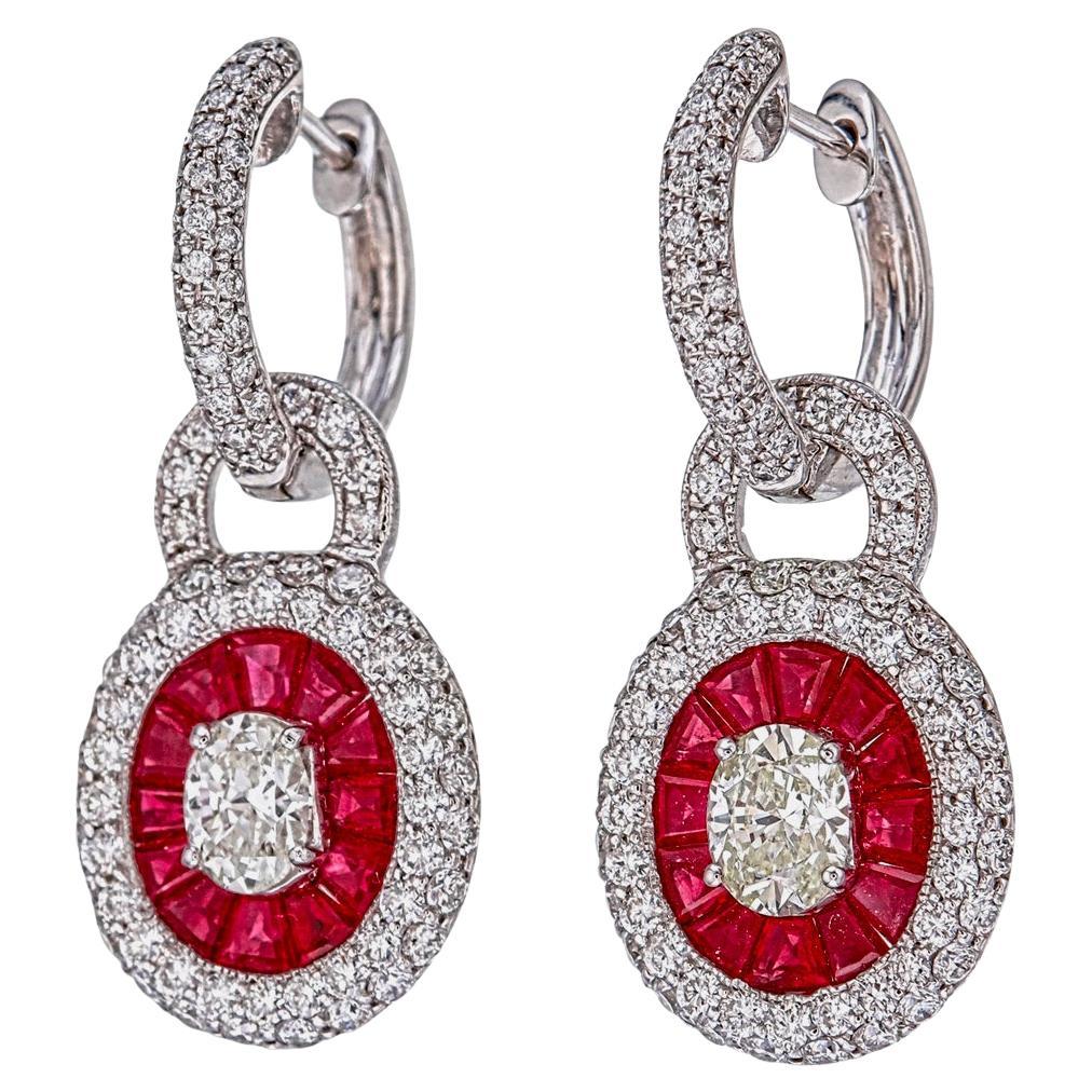 Orecchini con rubino di Birmania senza calore e diamanti da 2,21 carati in oro bianco da 18 carati in vendita