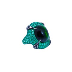 22.1 Carat Cat's Eye Green Tourmaline & Emerald Ring, 18K White Gold, Austy Lee