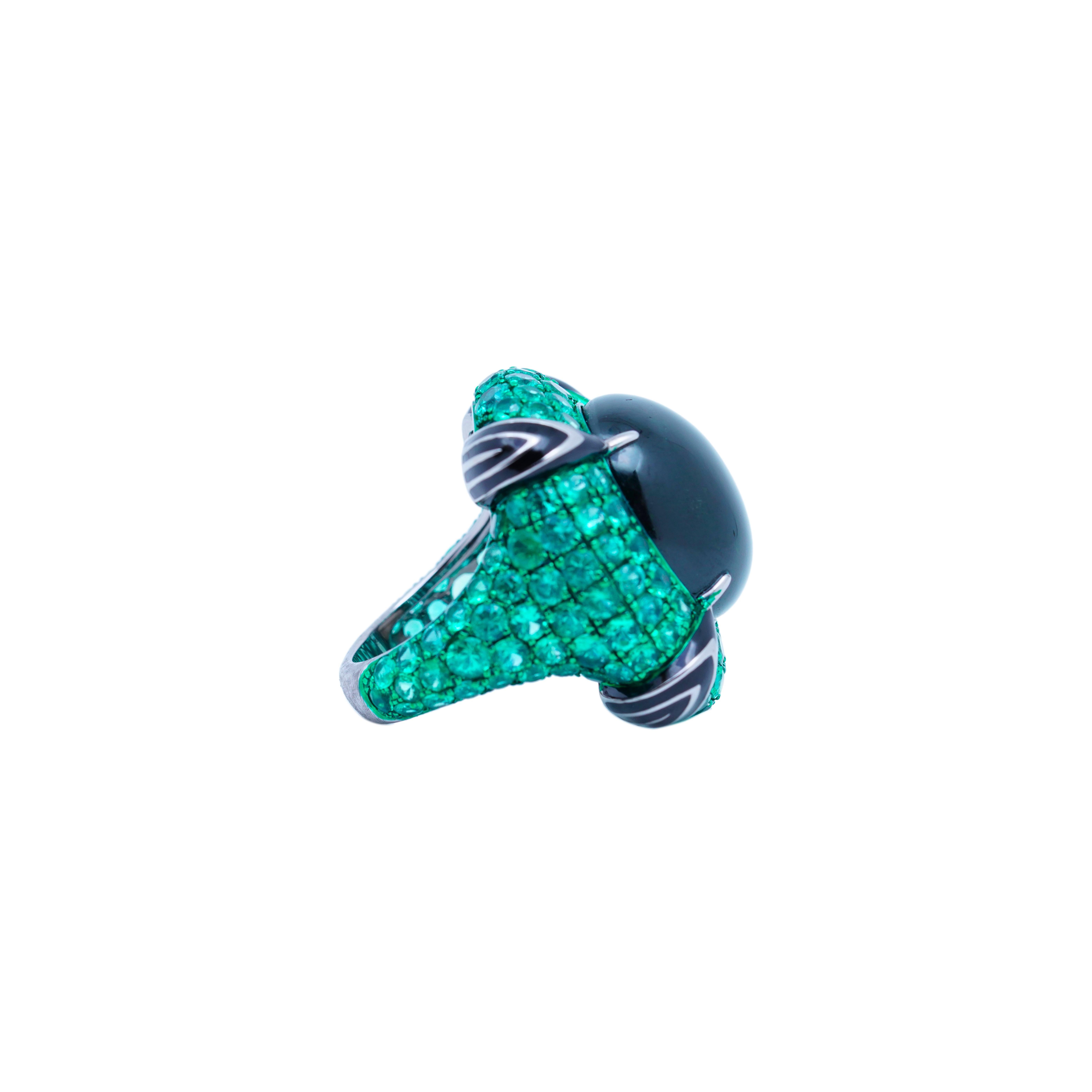 Modern 22.1 Carat Cat's Eye Green Tourmaline & Emerald Ring, 18K White Gold, Austy Lee For Sale