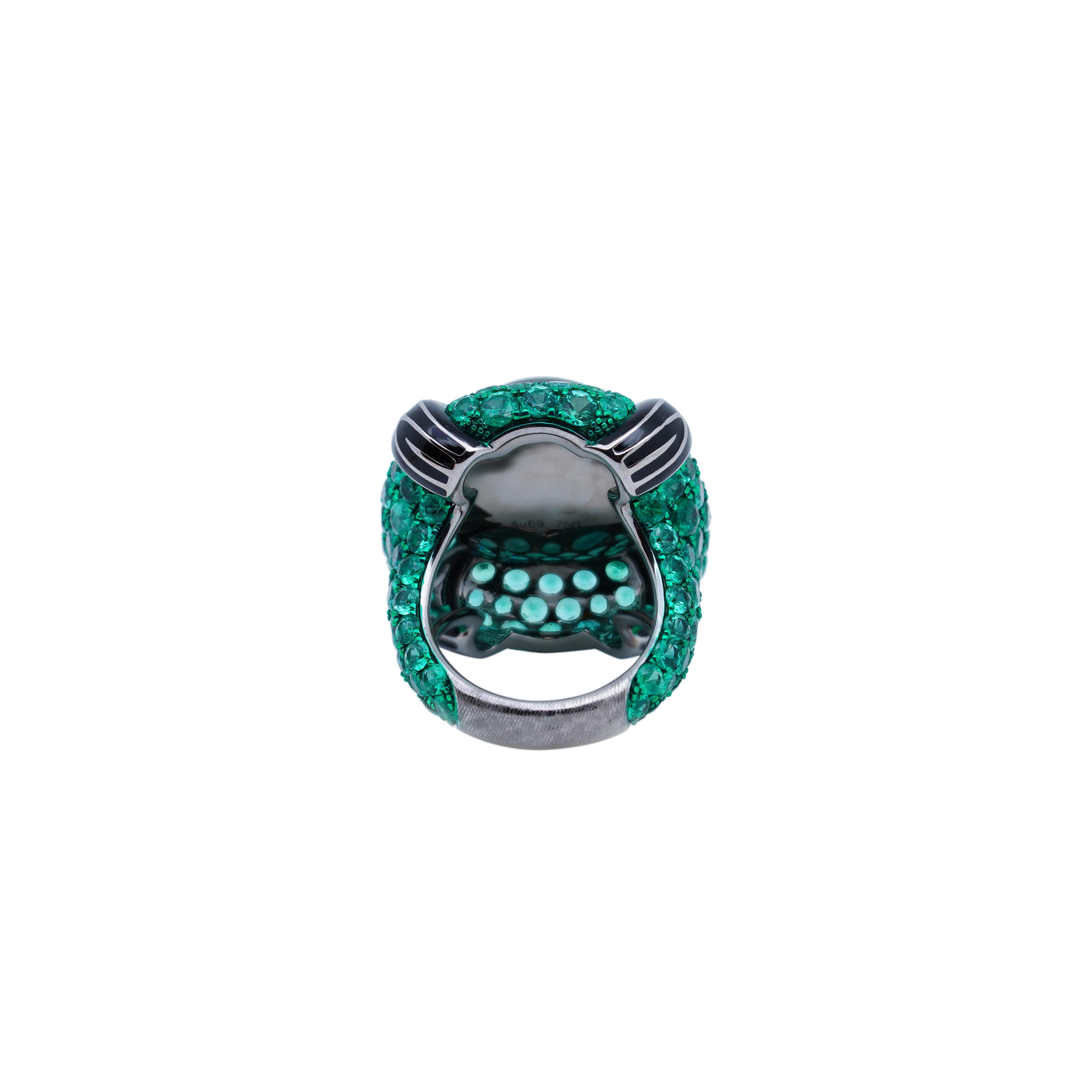 Mixed Cut 22.1 Carat Cat's Eye Green Tourmaline & Emerald Ring, 18K White Gold, Austy Lee For Sale