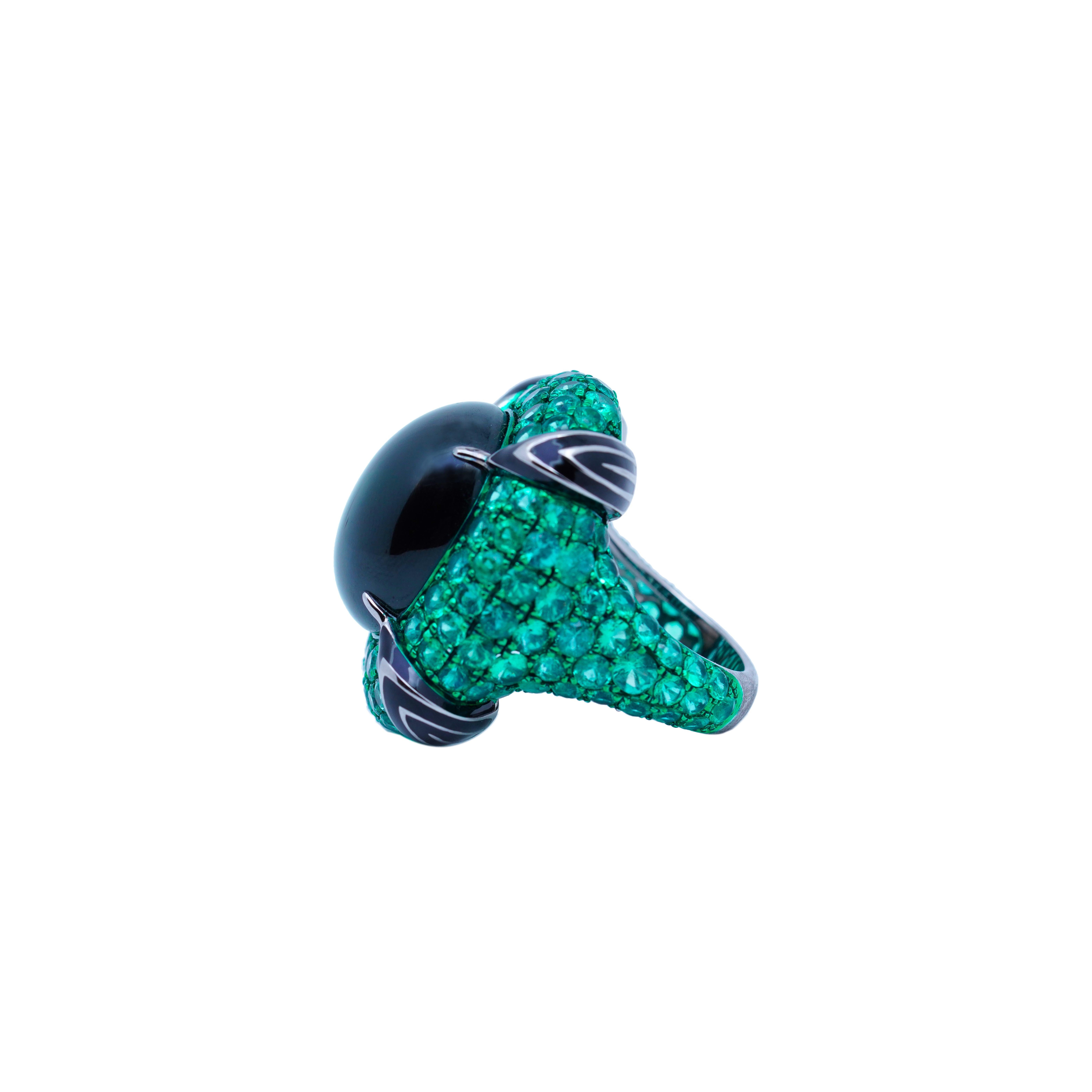 22.1 Carat Cat's Eye Green Tourmaline & Emerald Ring, 18K White Gold, Austy Lee In New Condition For Sale In Hong Kong, HK