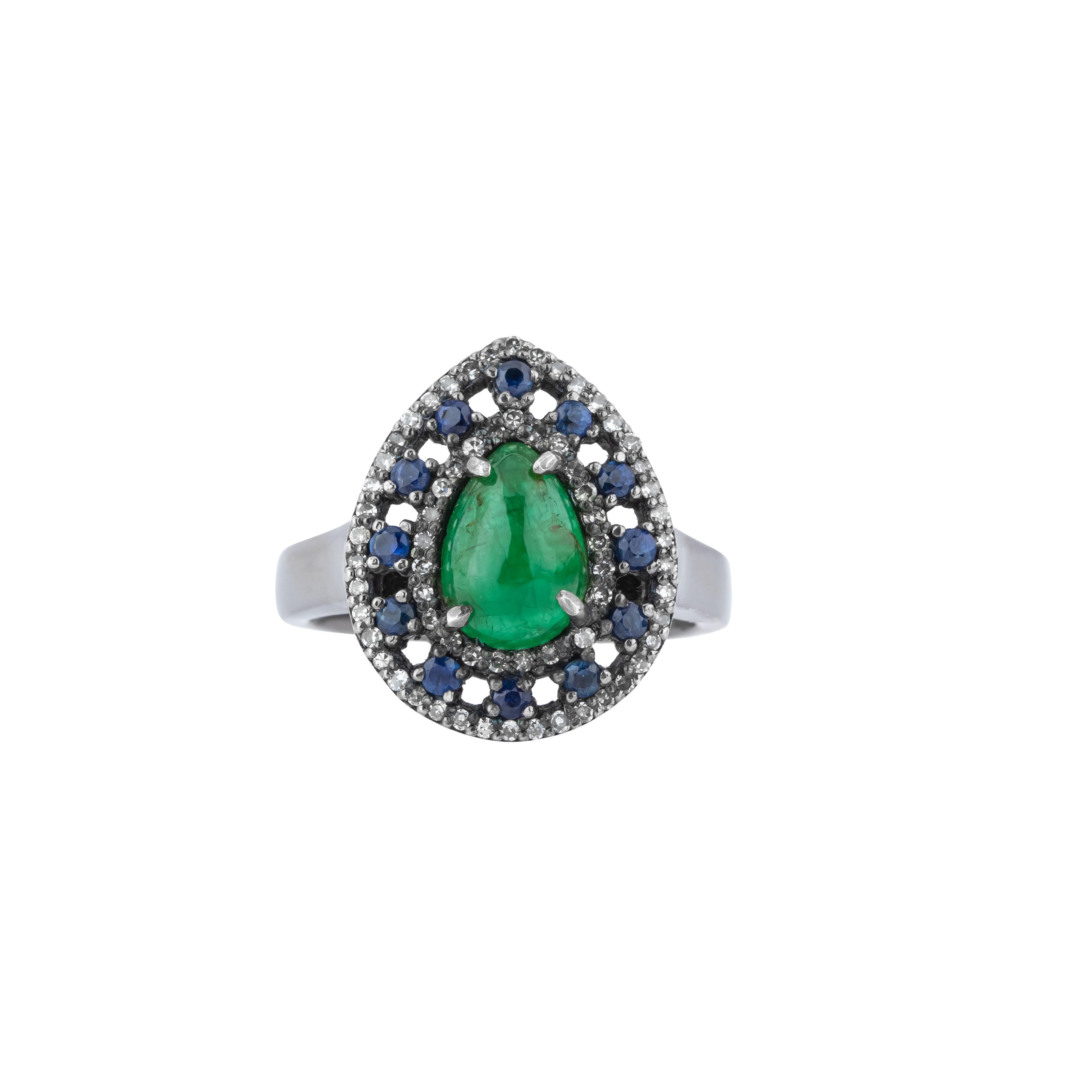 Contemporary 2.21 Carat Diamond, Emerald and Sapphire Cocktail Ring For Sale