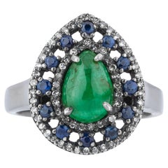 Anello da cocktail con diamante, smeraldo e zaffiro da 2,21 carati
