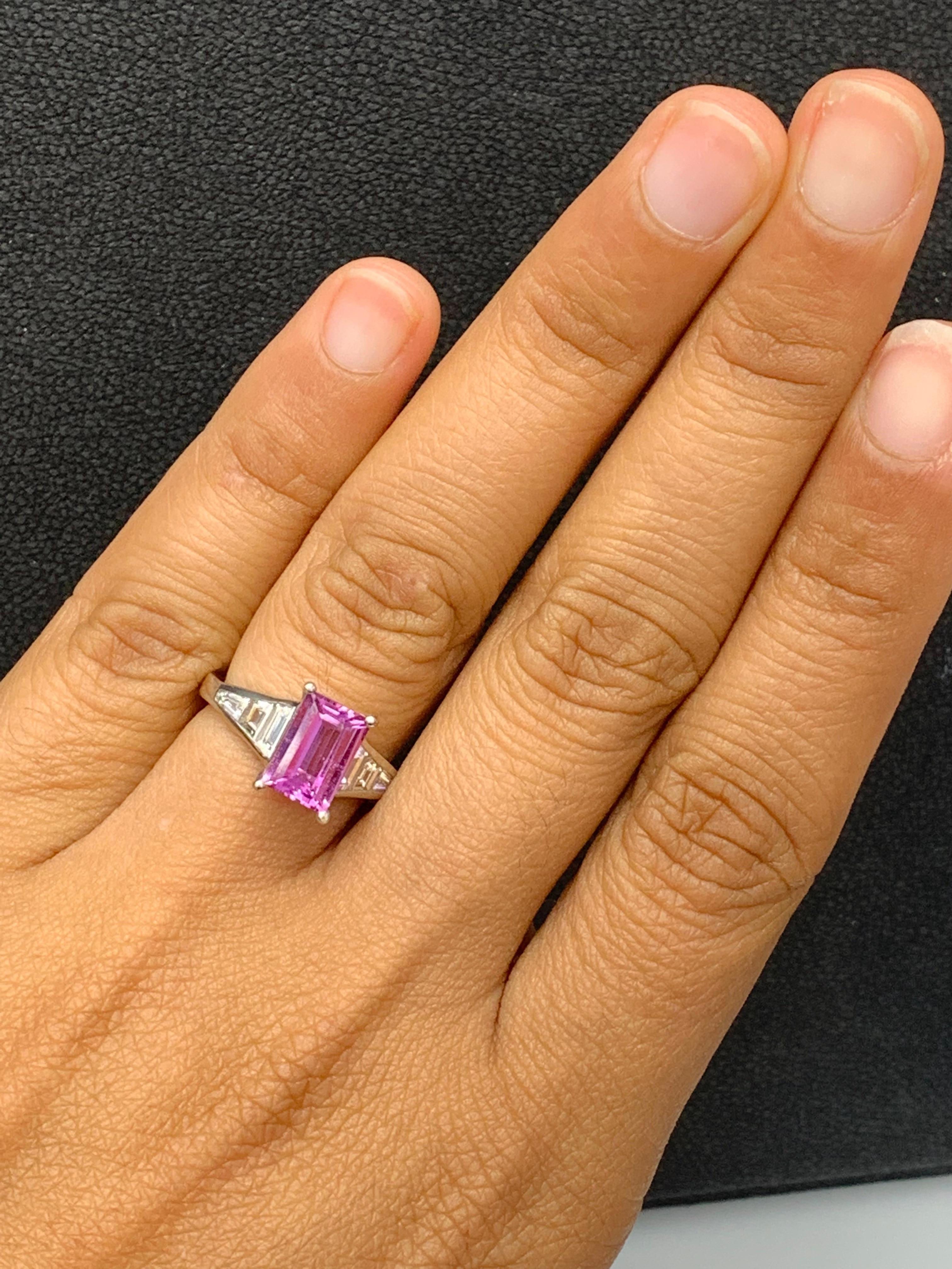 2.21 Carat Emerald Cut Pink Sapphire and Diamond Engagement Ring in Platinum For Sale 3
