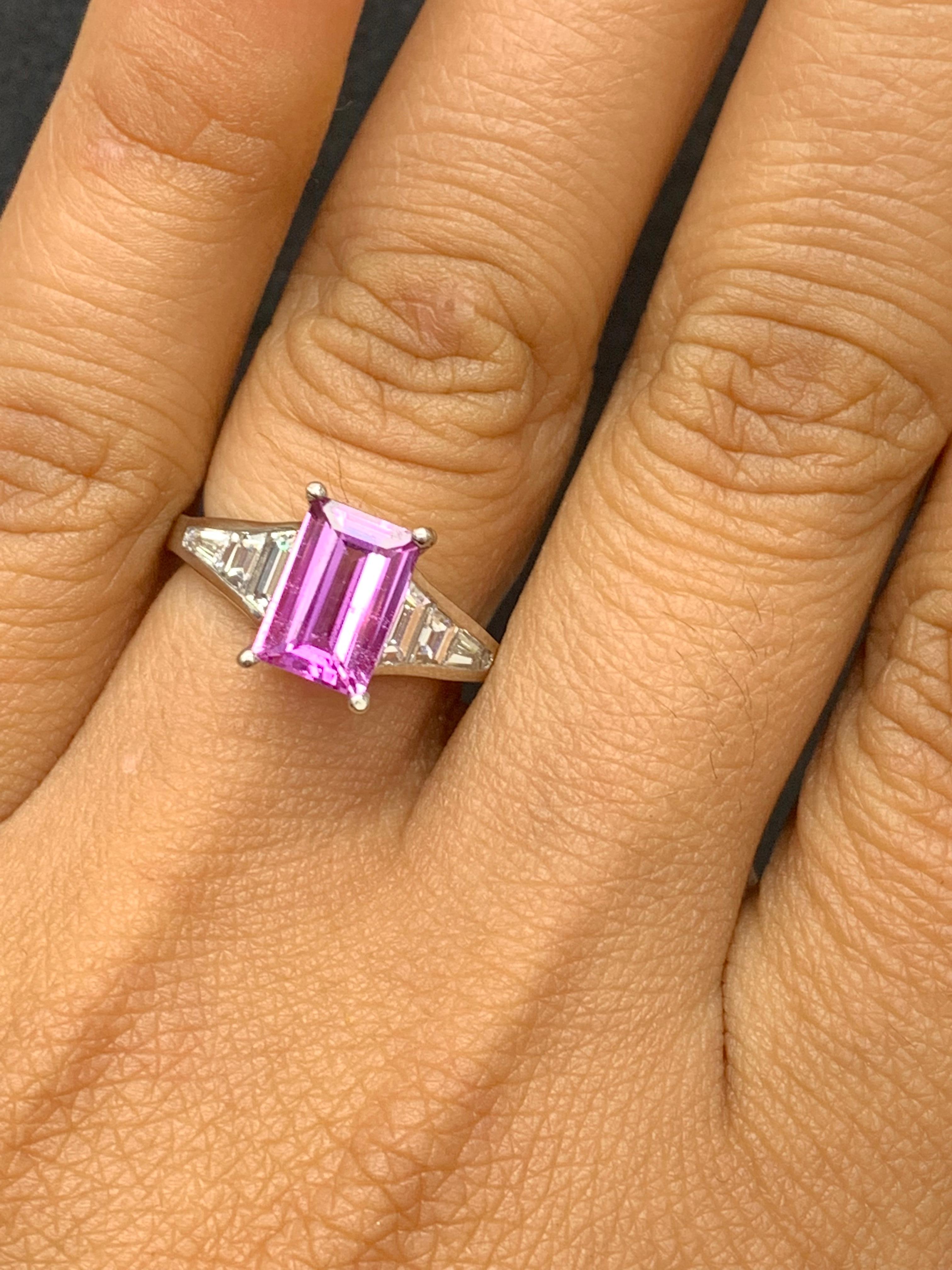 2.21 Carat Emerald Cut Pink Sapphire and Diamond Engagement Ring in Platinum For Sale 4