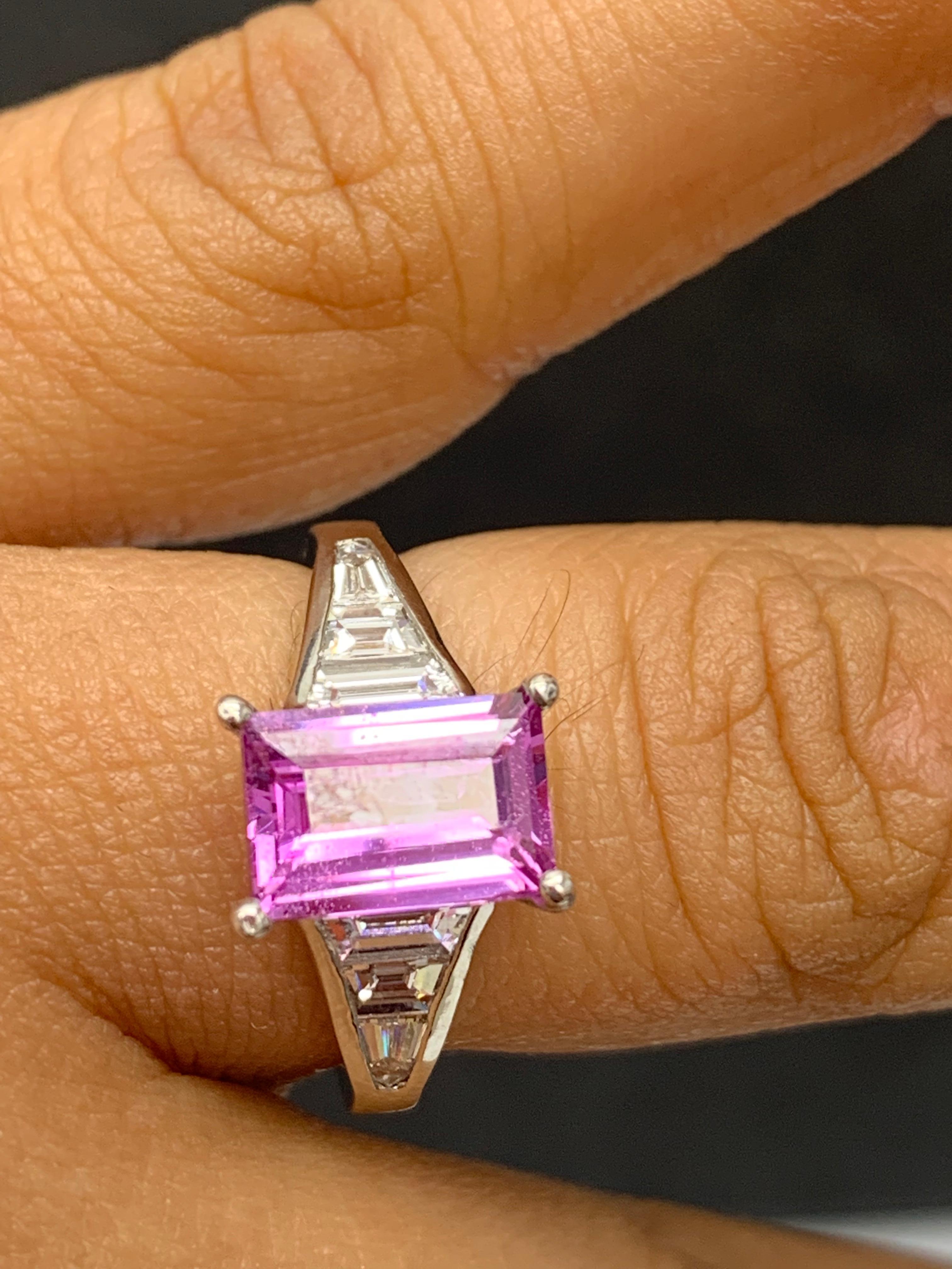 2.21 Carat Emerald Cut Pink Sapphire and Diamond Engagement Ring in Platinum For Sale 5