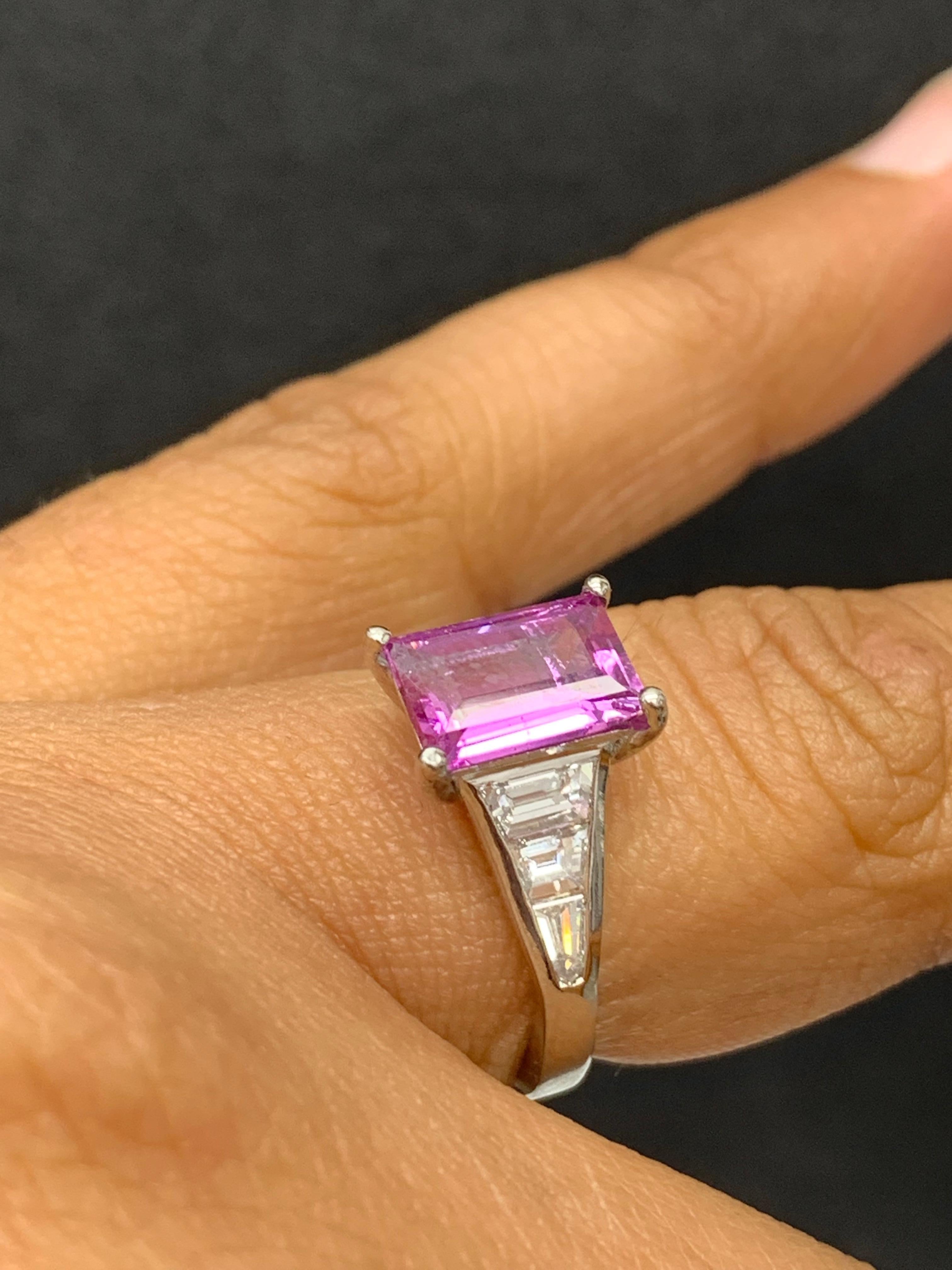2.21 Carat Emerald Cut Pink Sapphire and Diamond Engagement Ring in Platinum For Sale 7