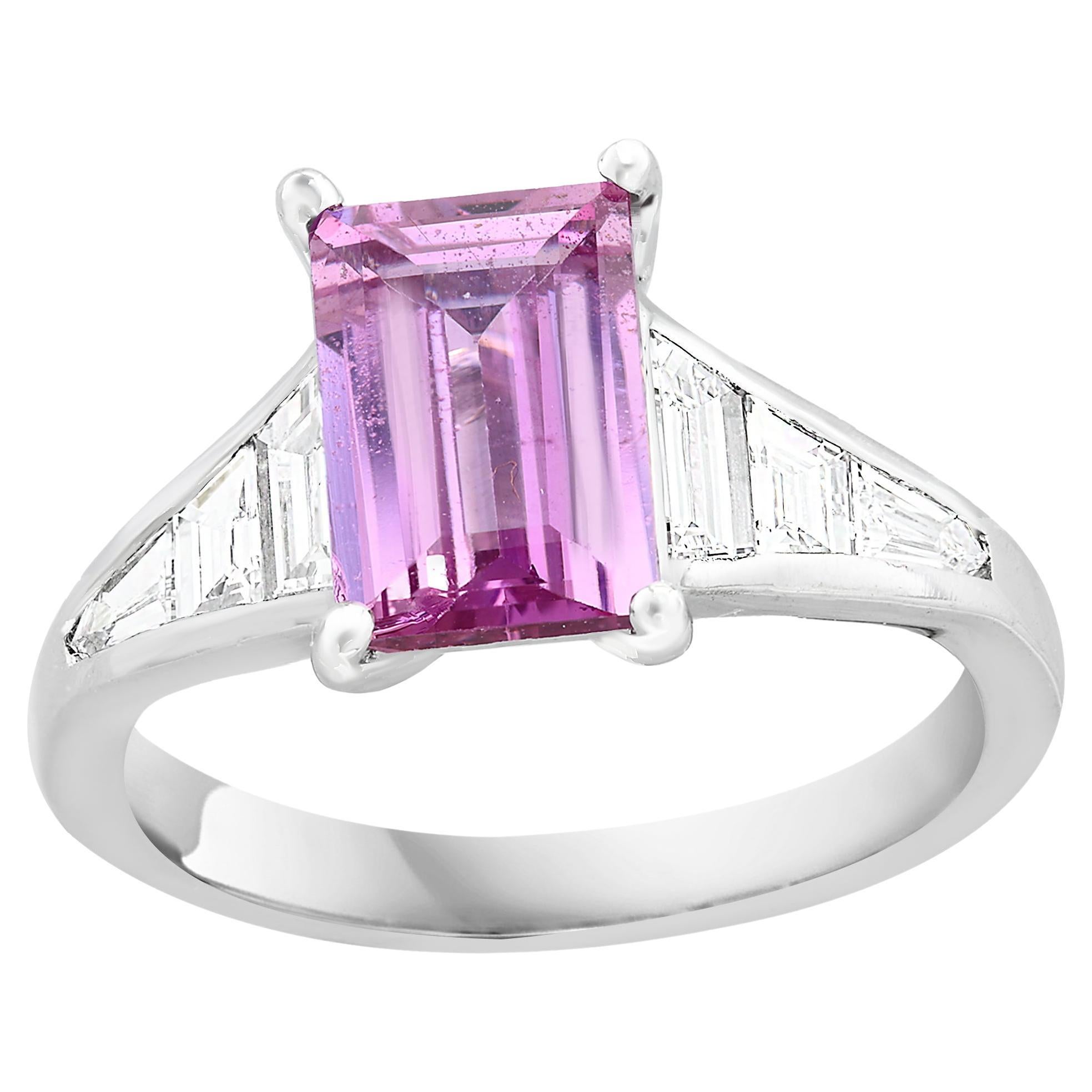 2.21 Carat Emerald Cut Pink Sapphire and Diamond Engagement Ring in Platinum For Sale