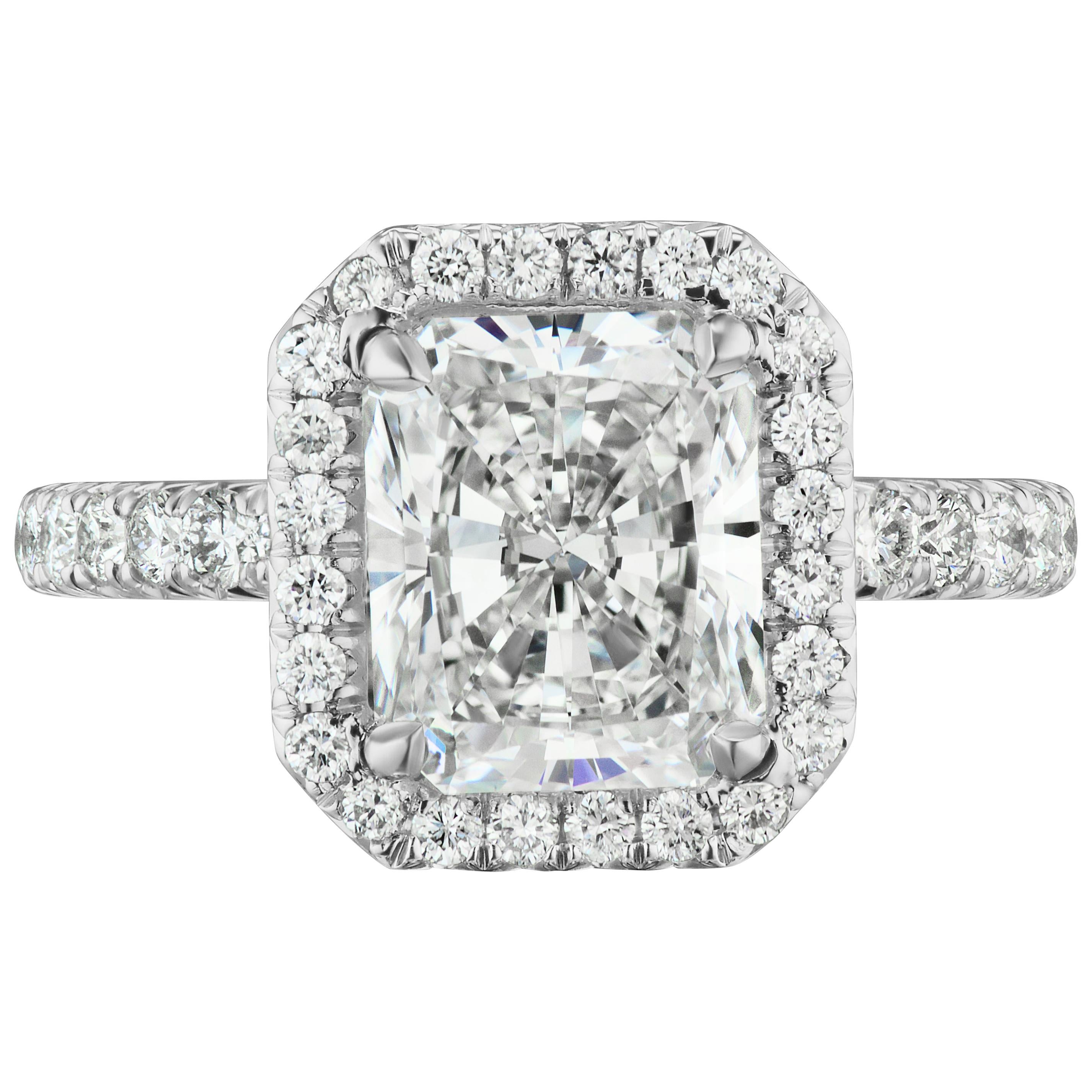 2.21 Carat Conflict Free GIA Certified GVS2 Radiant Cut Diamond Halo Ring For Sale