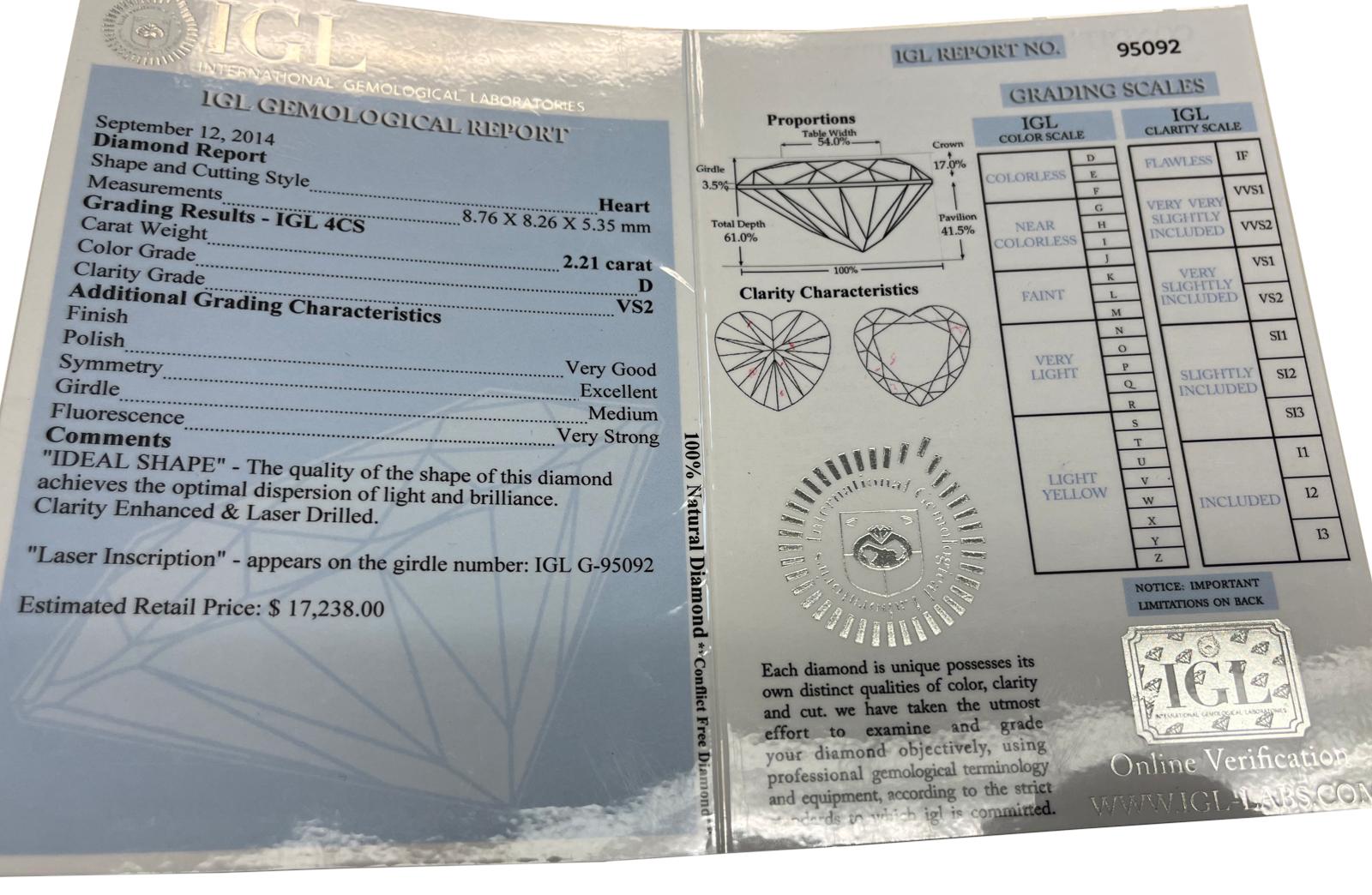 2.21ct IGL Heart Shape Diamond Solitaire Pendant Necklace D Color VS2 Clarity 2