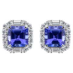 Zaffiro blu da 2,21 carati, 0,40 Ct. Orecchini a bottone con diamanti a corona in oro bianco 18 carati