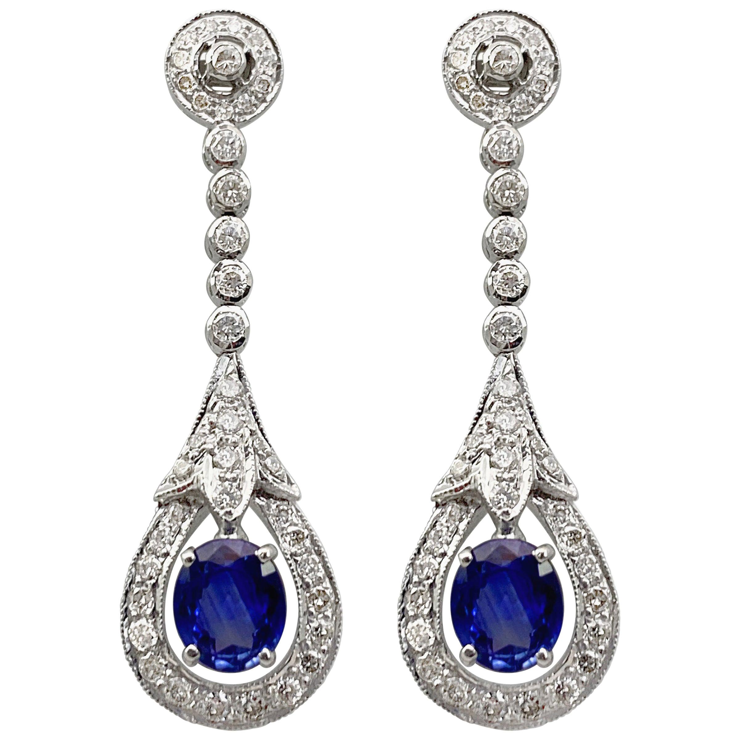 Natural Blue Sapphire Flower Star Cluster Diamond Drop Earrings For