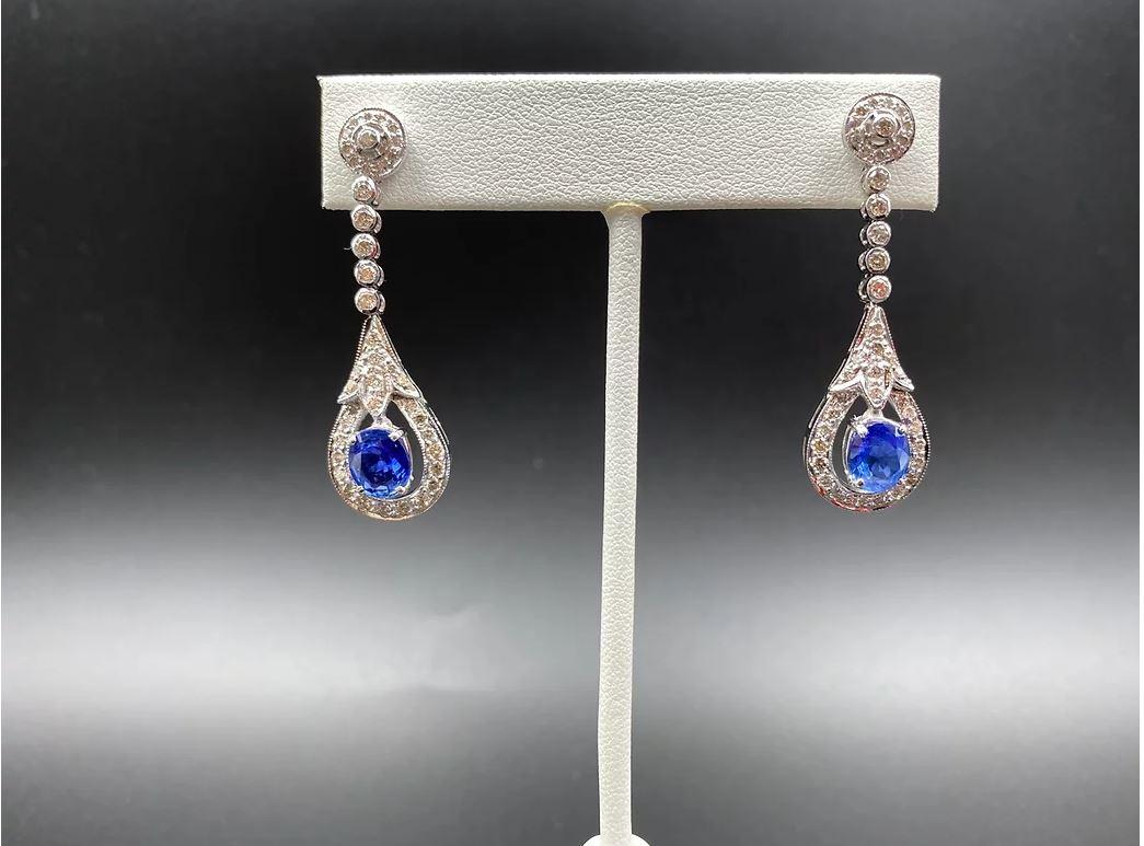 Oval Cut 2.21 Carat Natural Blue Sapphire Venus Drop Earrings with 1.5 Carat Diamonds For Sale