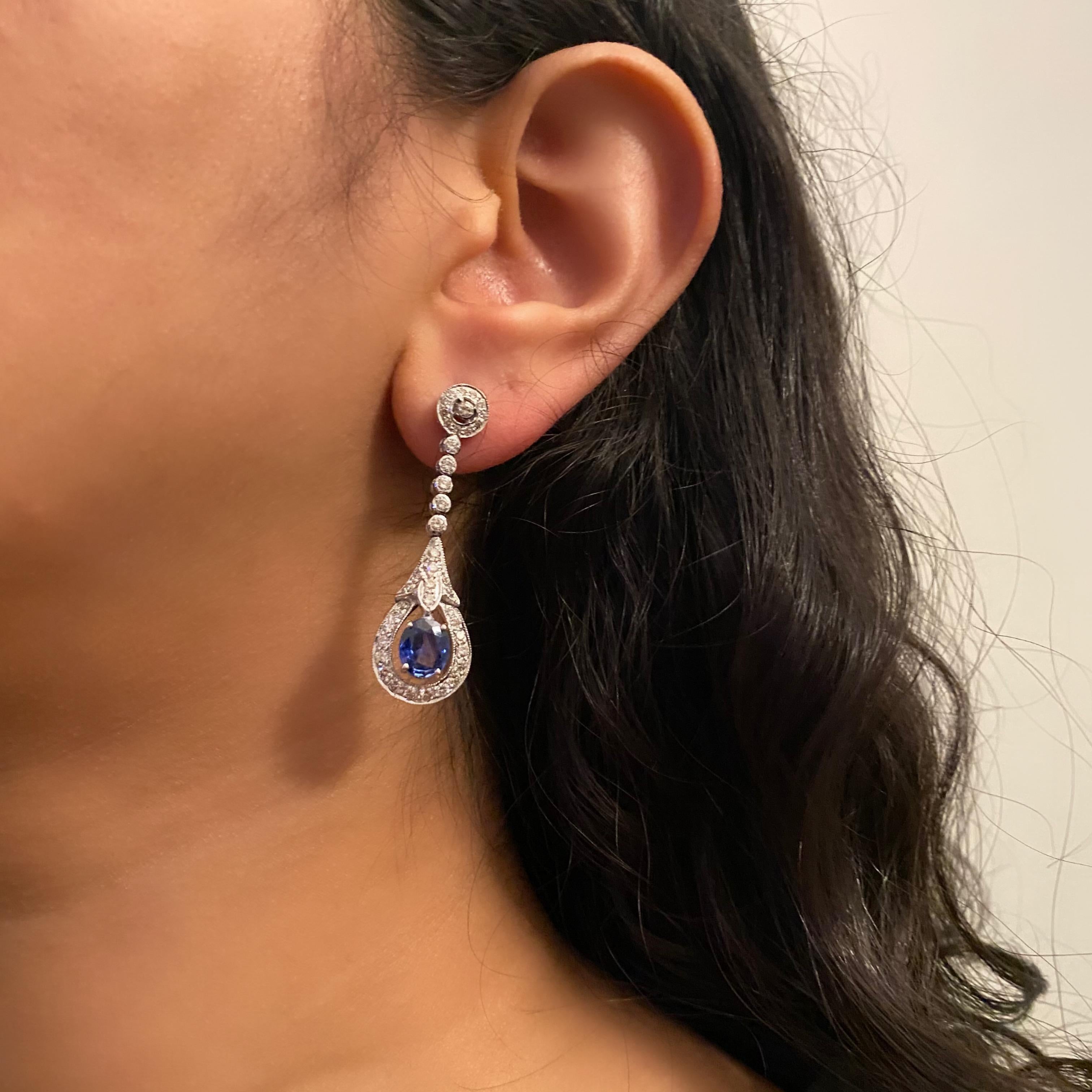 2.21 Carat Natural Blue Sapphire Venus Drop Earrings with 1.5 Carat Diamonds In New Condition For Sale In New York, NY