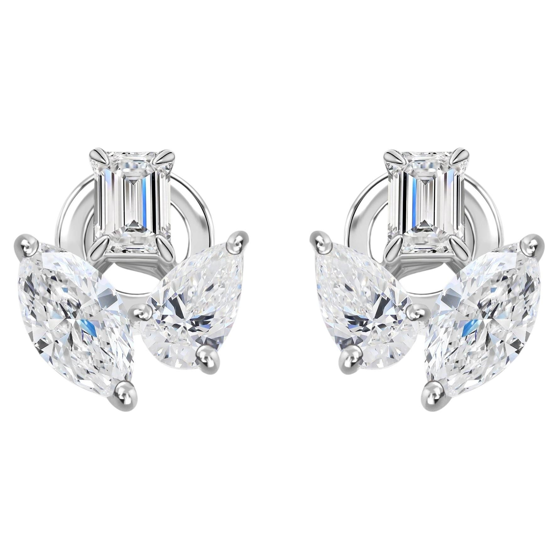 2.21 Carat Natural Diamond Multi-Shape Cluster Stud Earrings 18K White Gold For Sale