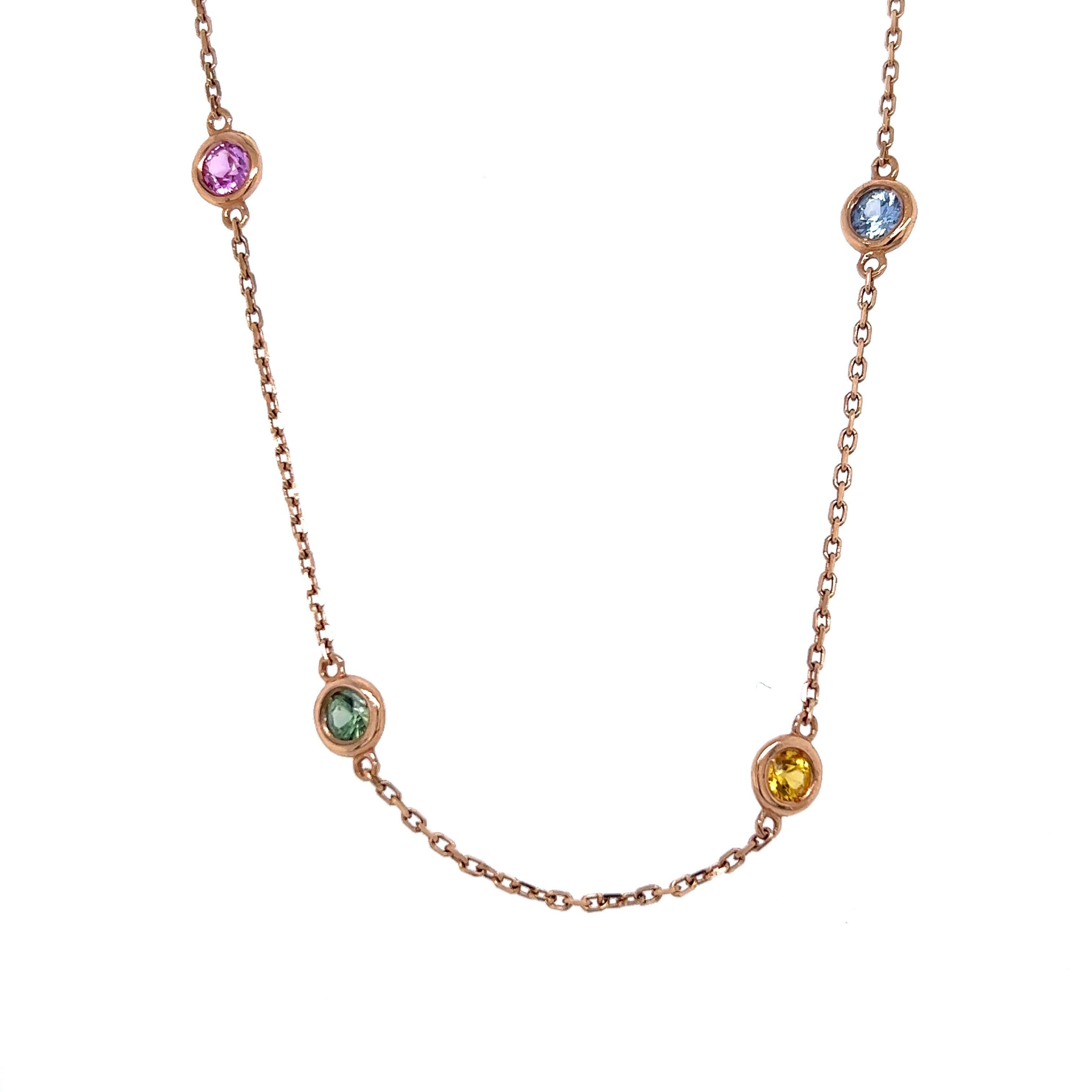 Contemporary 2.21 Carat Natural Multi Color Sapphire Rose Gold Chain Necklace  For Sale