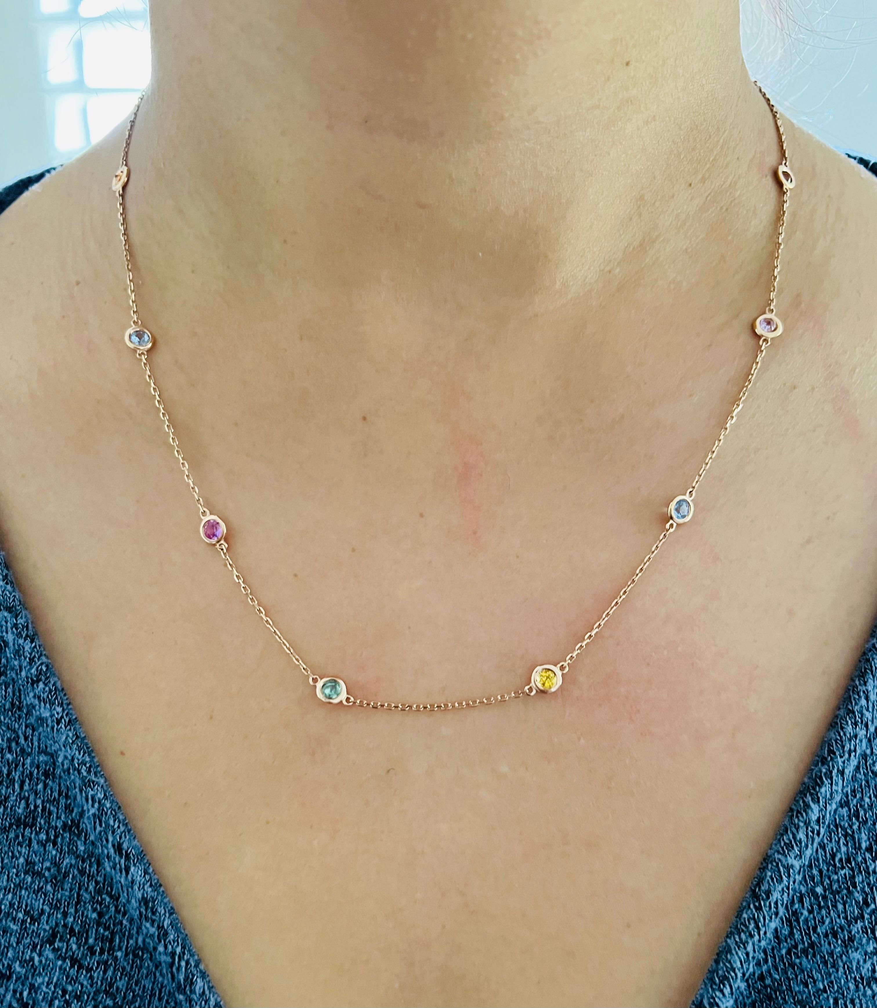 2.21 Carat Natural Multi Color Sapphire Rose Gold Chain Necklace  In New Condition For Sale In Los Angeles, CA