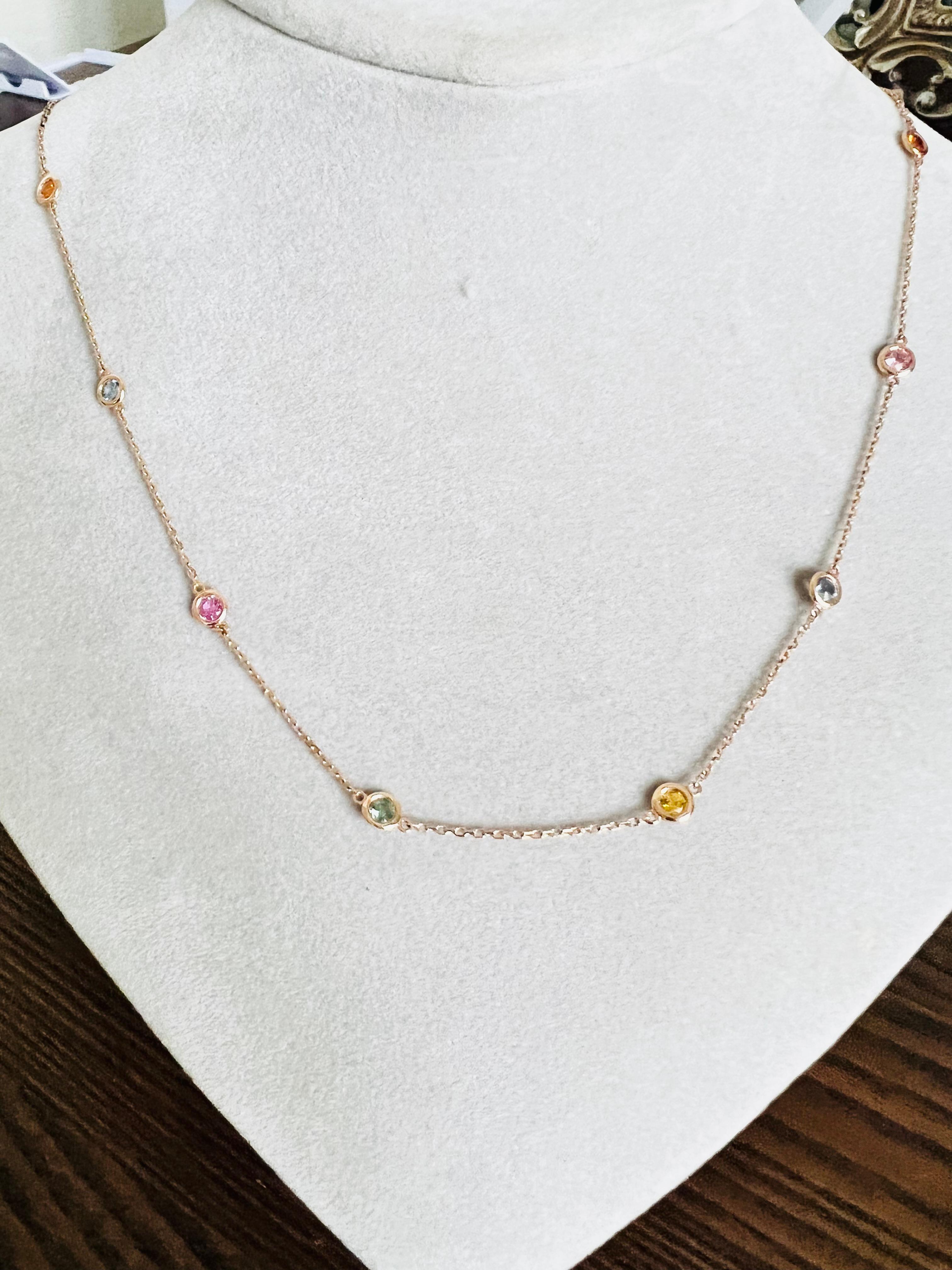 Women's 2.21 Carat Natural Multi Color Sapphire Rose Gold Chain Necklace  For Sale