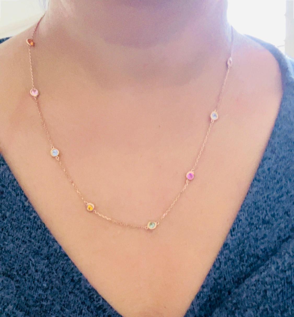 2.21 Carat Natural Multi Color Sapphire Rose Gold Chain Necklace  For Sale 1