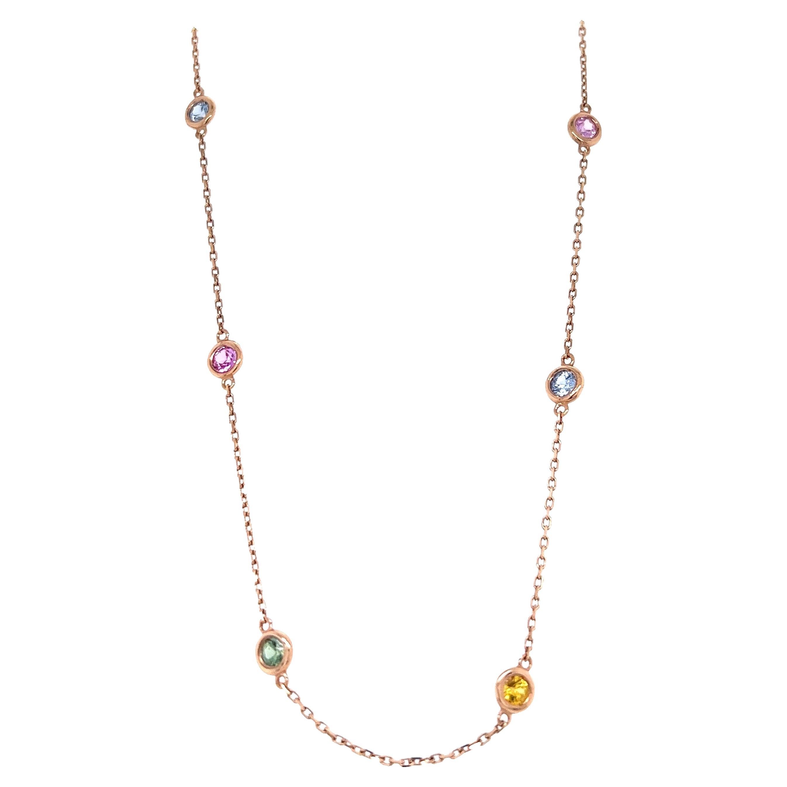 2.21 Carat Natural Multi Color Sapphire Rose Gold Chain Necklace  For Sale