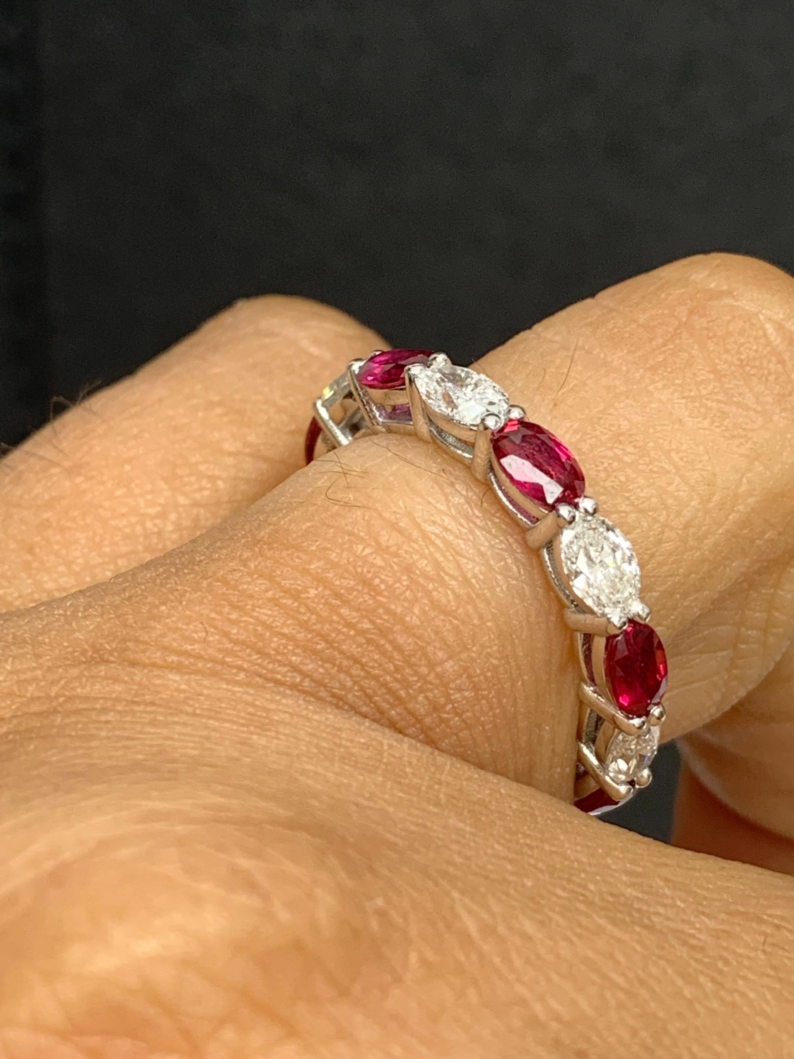 Women's 2.21 Carat Oval Cut Ruby and Diamond Eternity Band in 14K White Gold For Sale