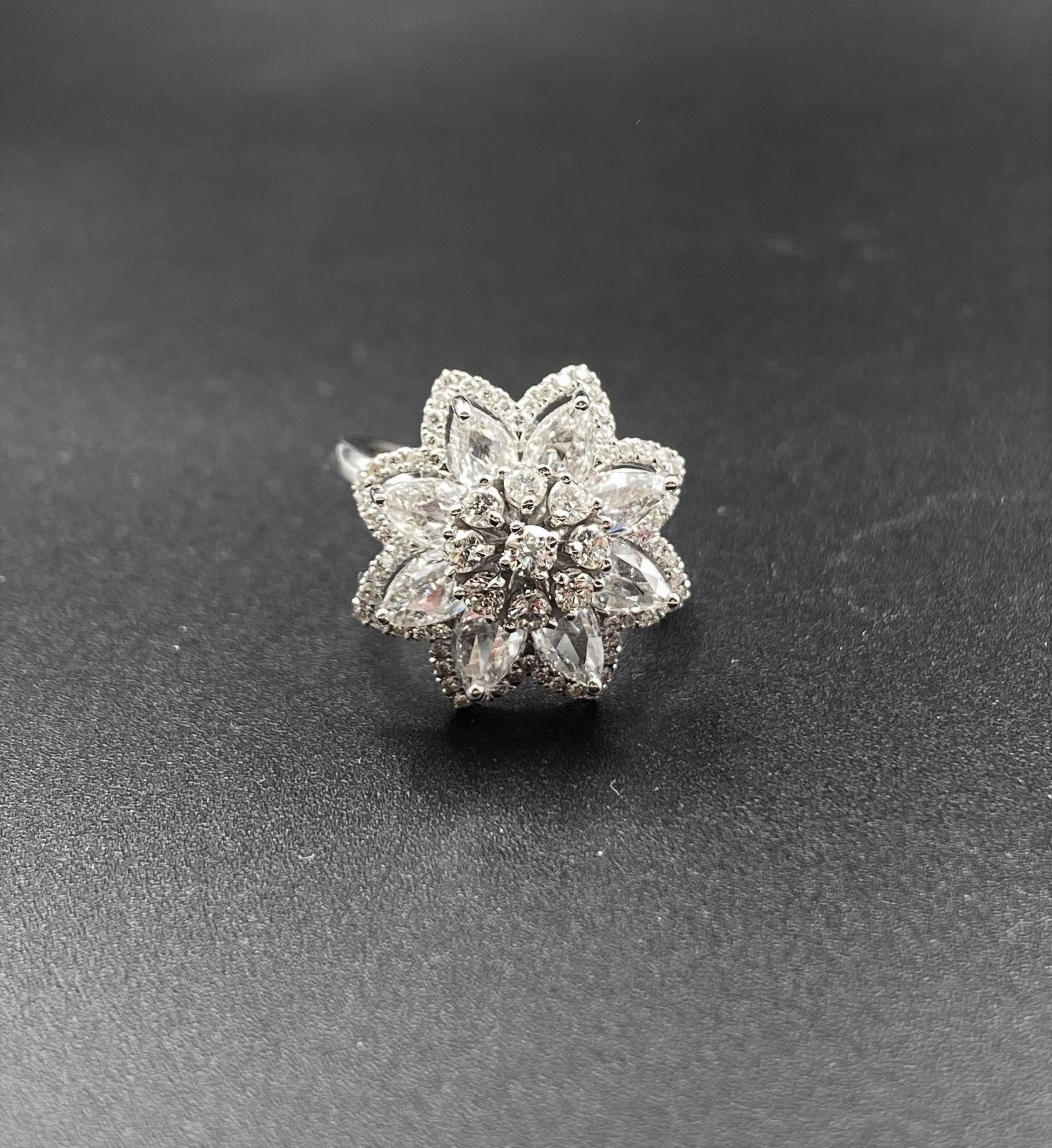 2.21 Carat Rose Cut and Round Brilliant Diamond Floral Ring 18K Gold For Sale 1