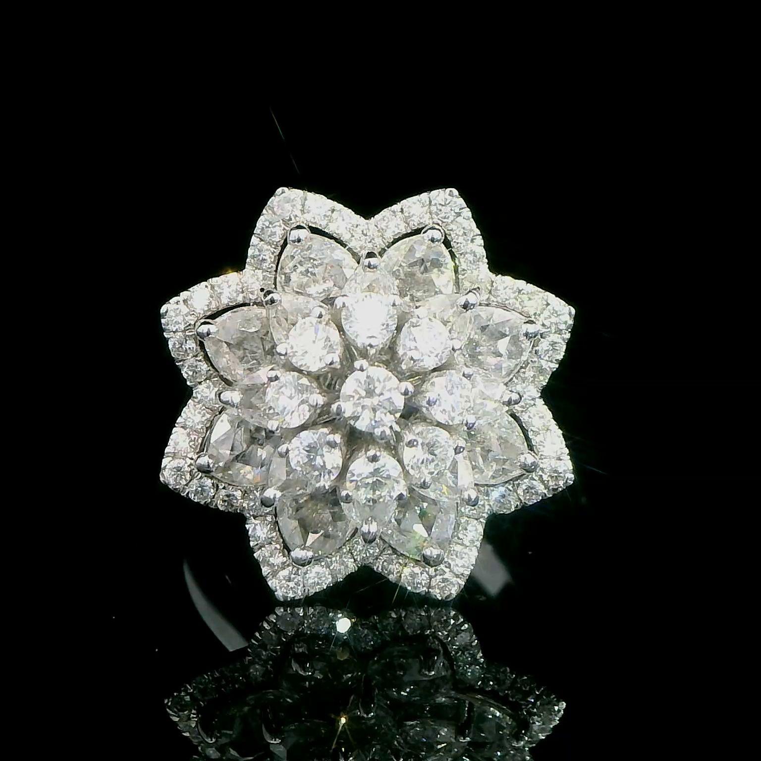 2.21 Carat Rose Cut and Round Brilliant Diamond Floral Ring 18K Gold For Sale 2